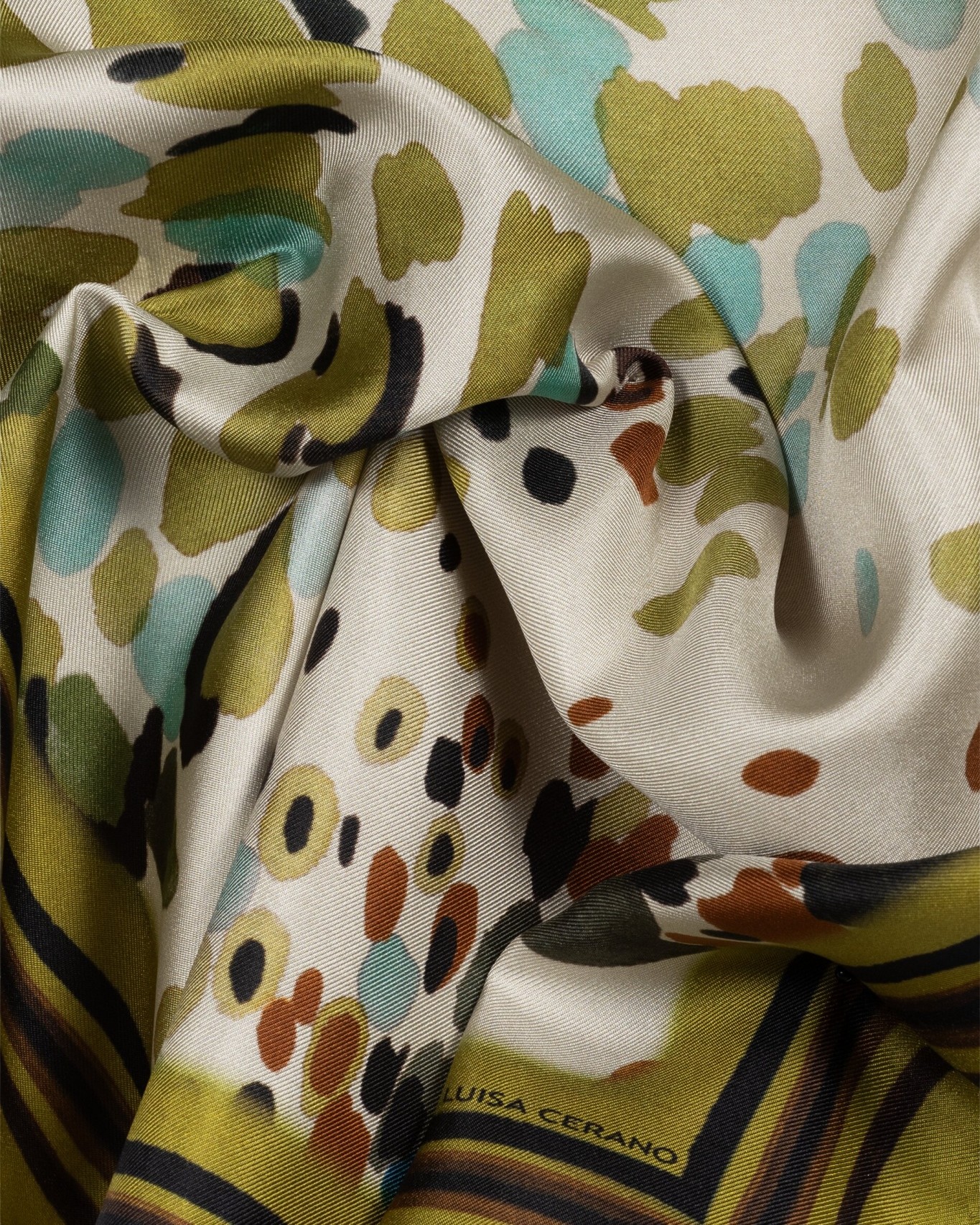 scarf, square scarf, multicolor dots, abstract pattern, orb print