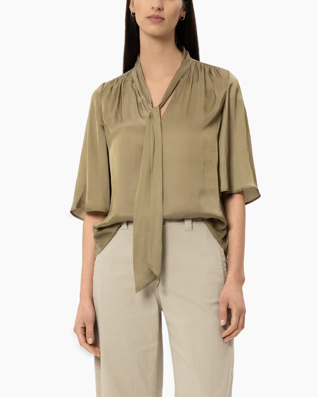 blouse, tie-neck, short-sleeve, silk, beige