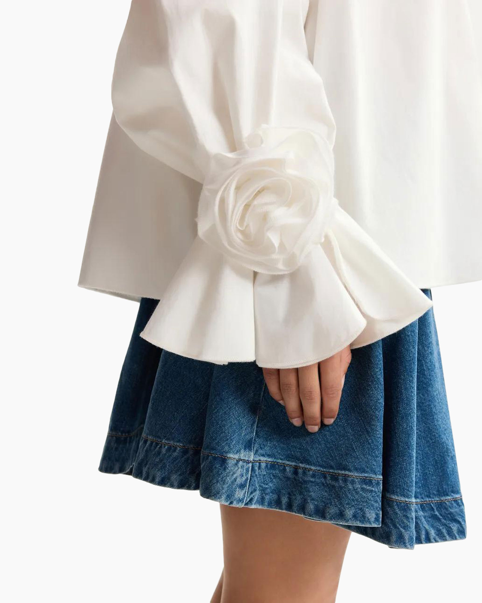 white blouse, flared sleeve, rose sleeve, denim skirt, mini skirt