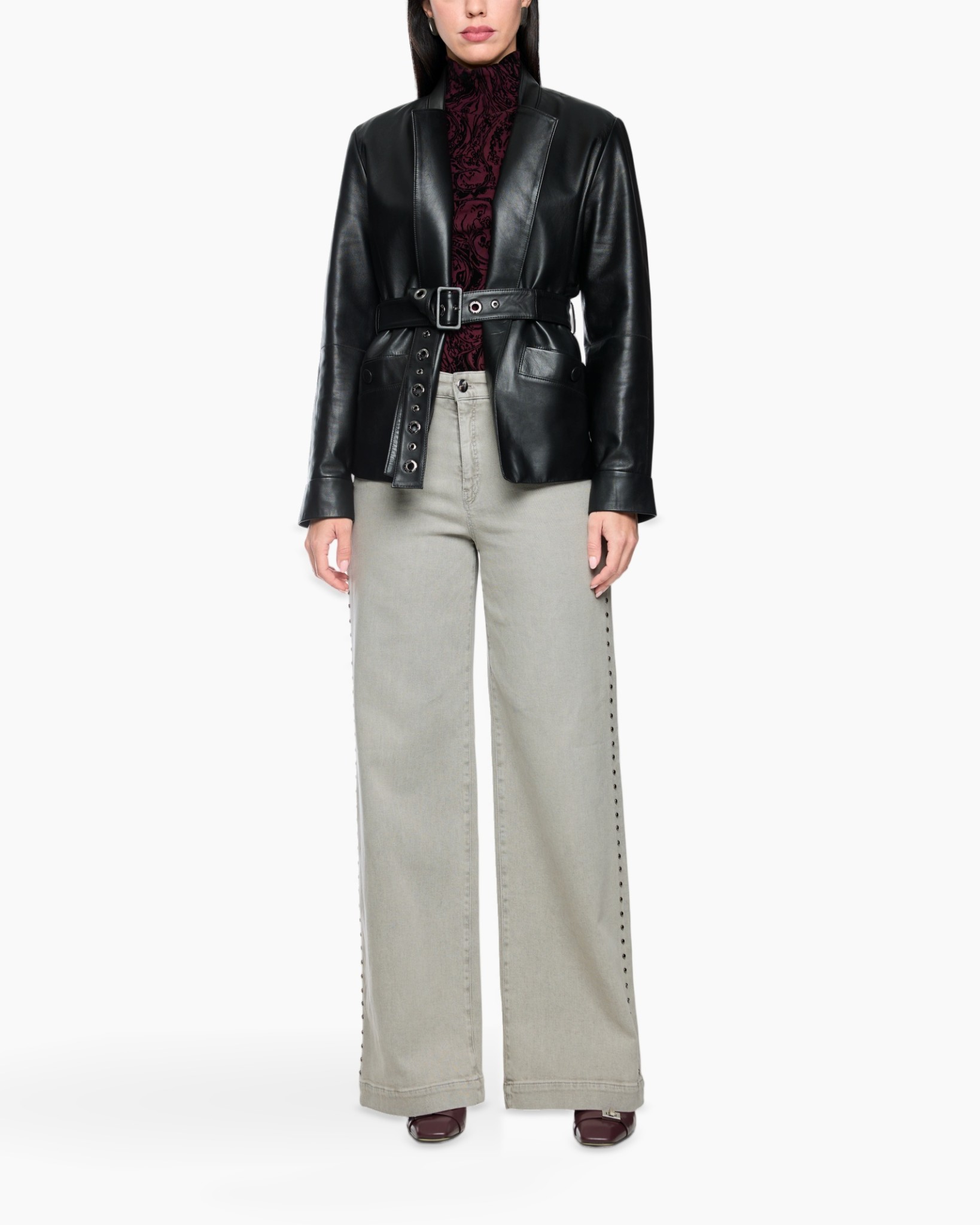 leather blazer, belted blazer, black blazer, wide-leg jeans, high-waisted jeans