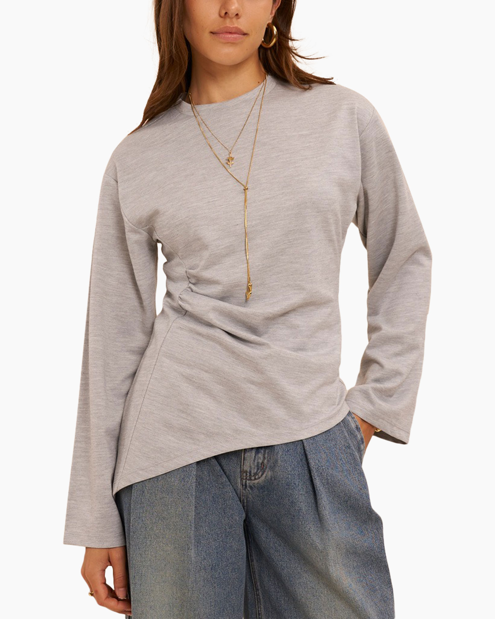 longsleeve top, gray knit, asymmetric hem, casual top, linen blend?