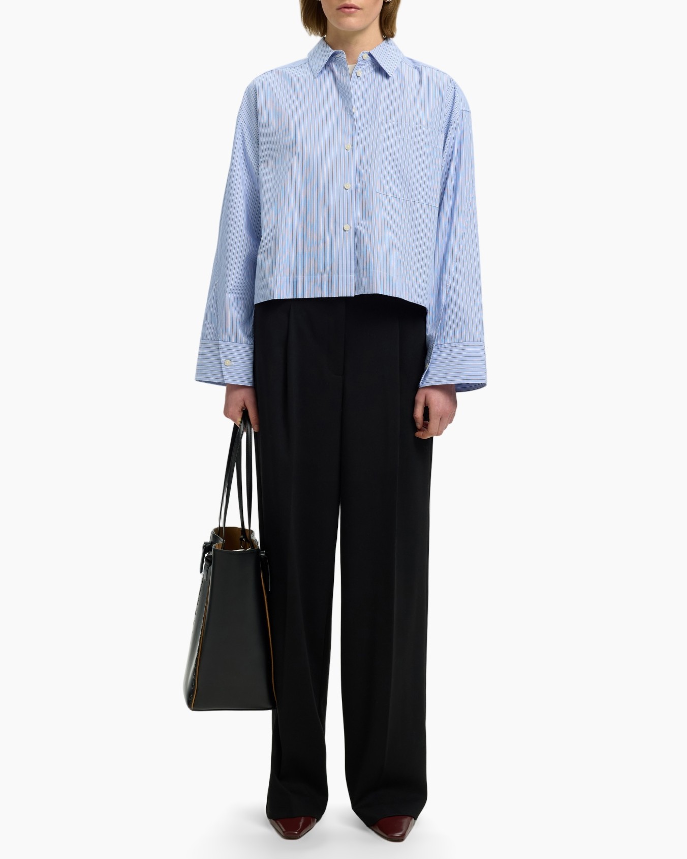 striped shirt, blue shirt, buttoned shirt, long sleeve, collared shirt