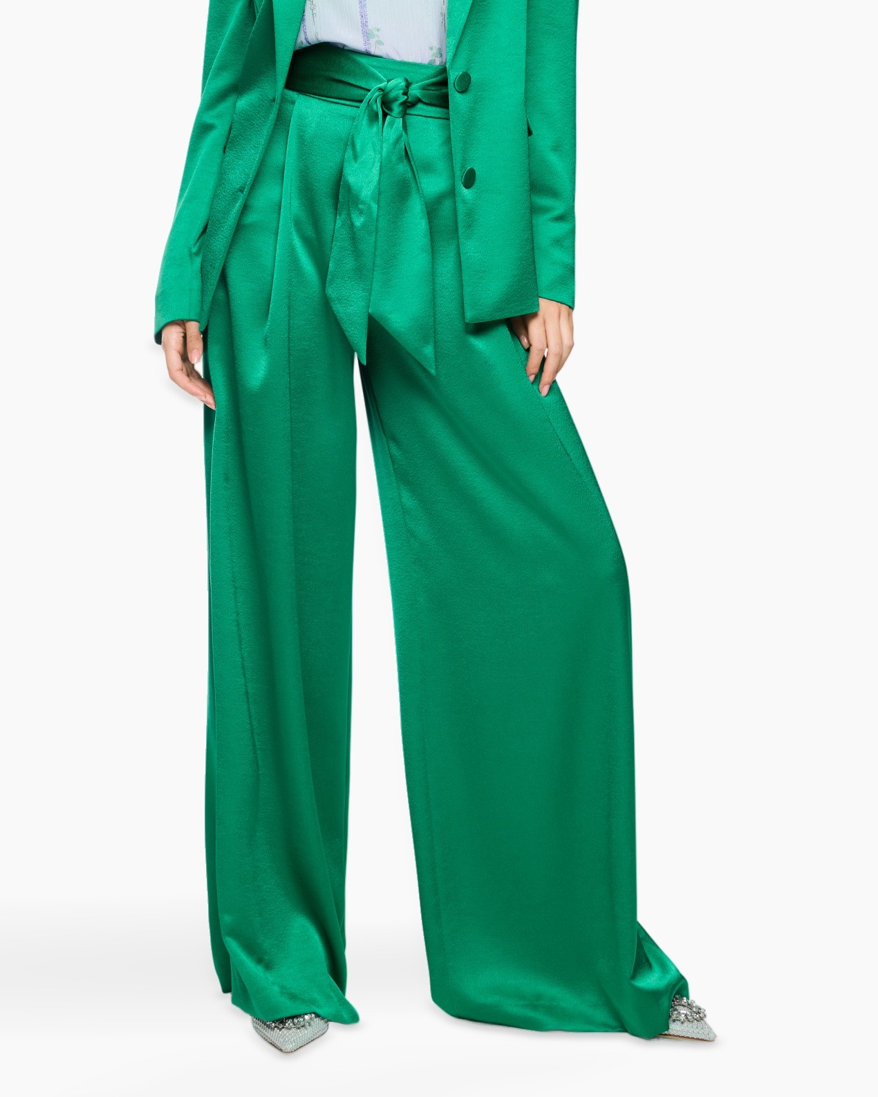 green, wide-leg pants, palazzo, satin, tie-waist