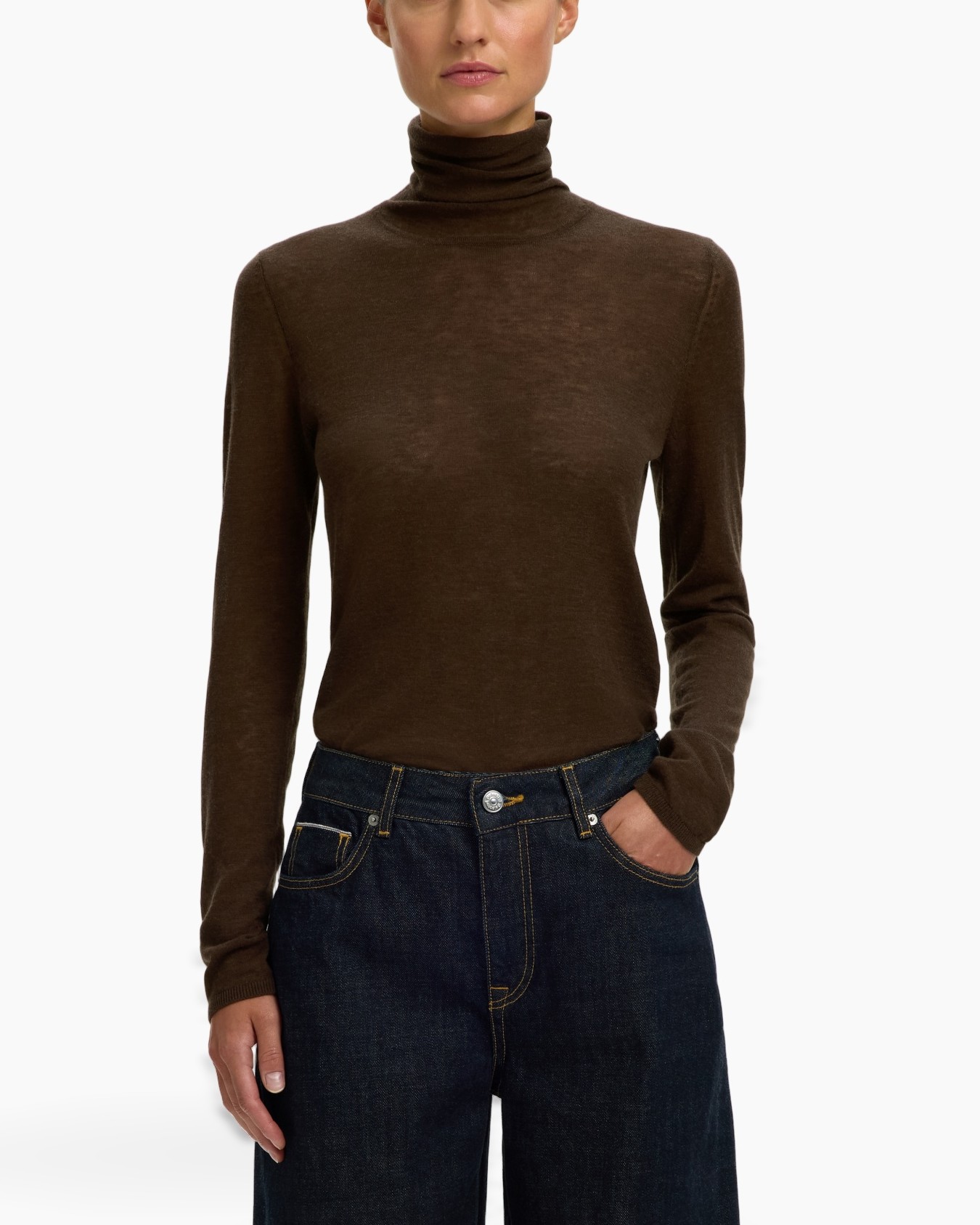 turtleneck, brown, knit, long-sleeve, top