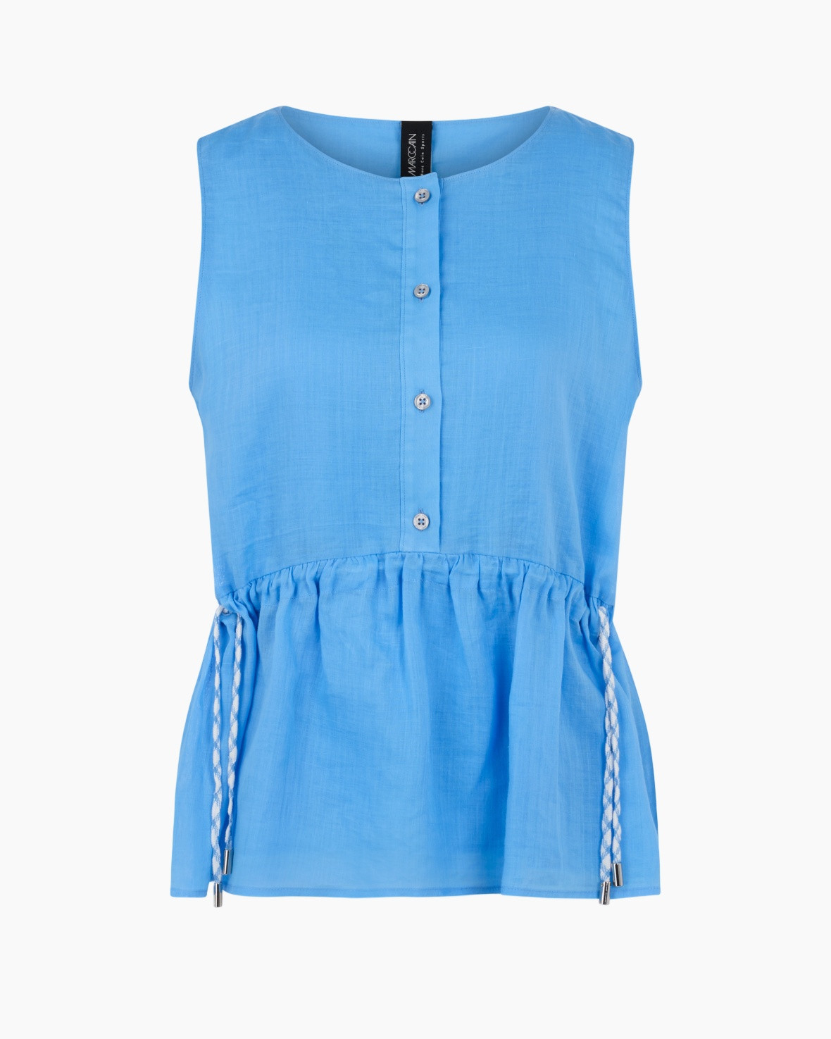 blue, tank top, sleeveless, button placket, drawstring