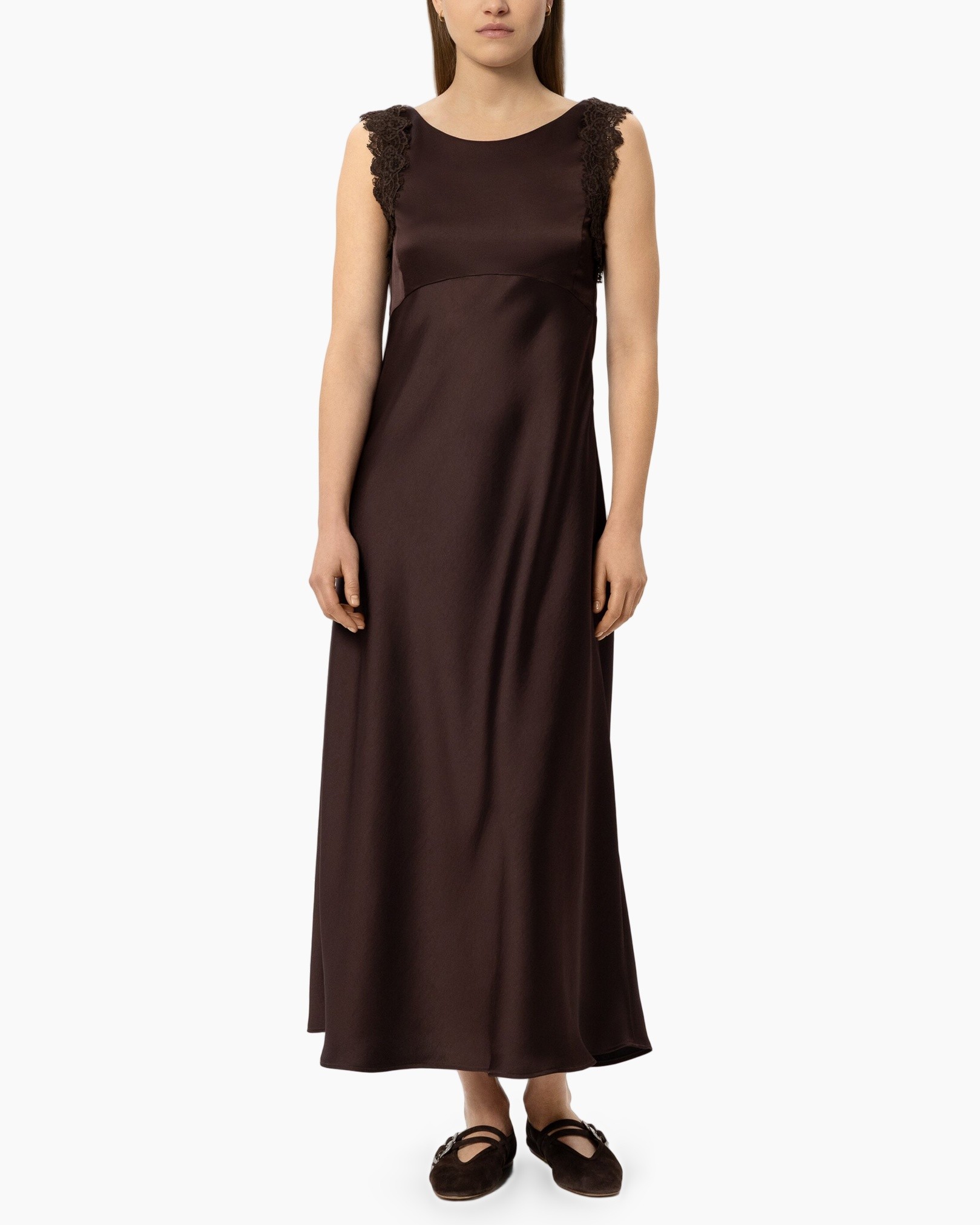 evening dress, ankle-length, satin, lace straps, brown