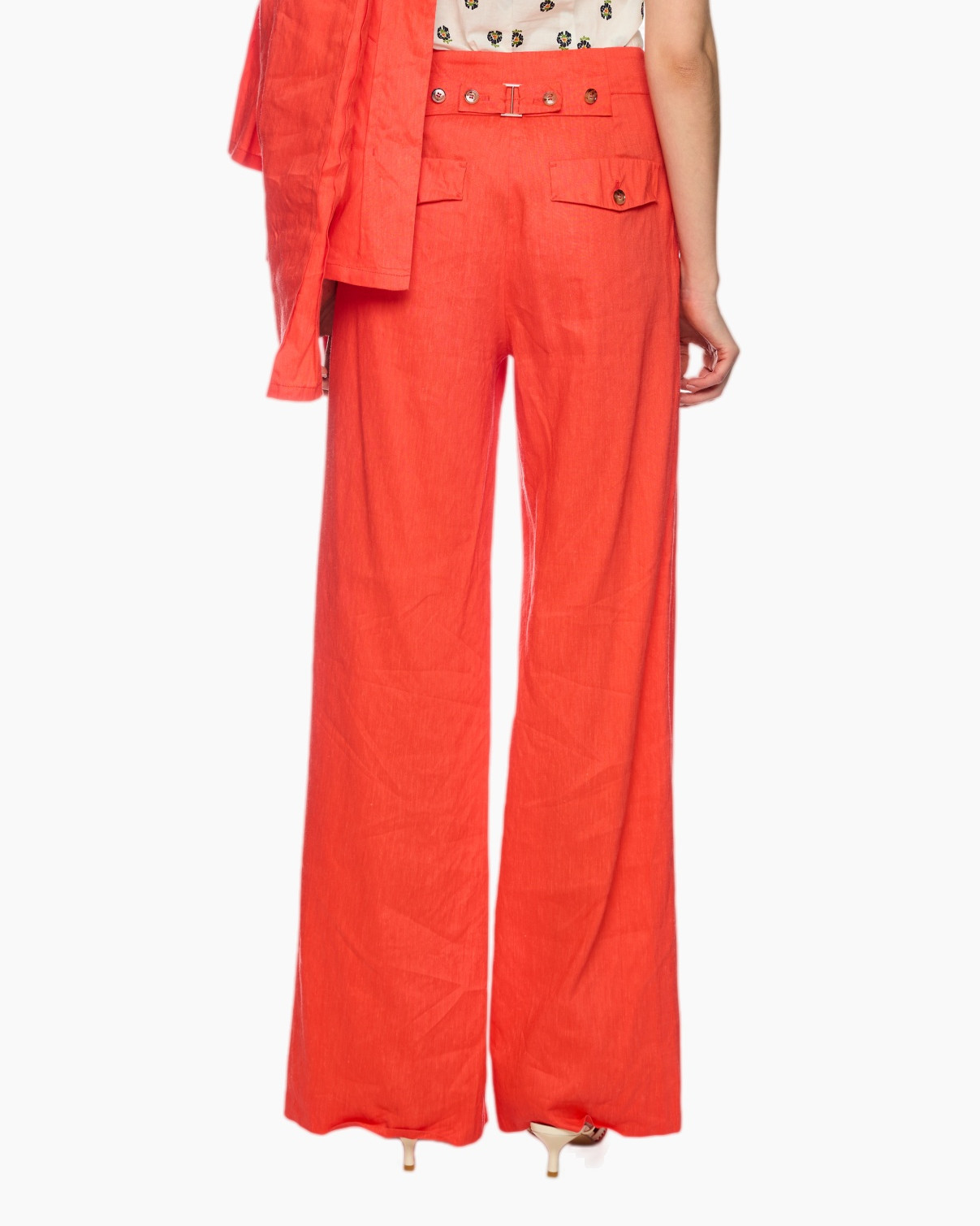 pants, wide-leg, bright, coral, belted