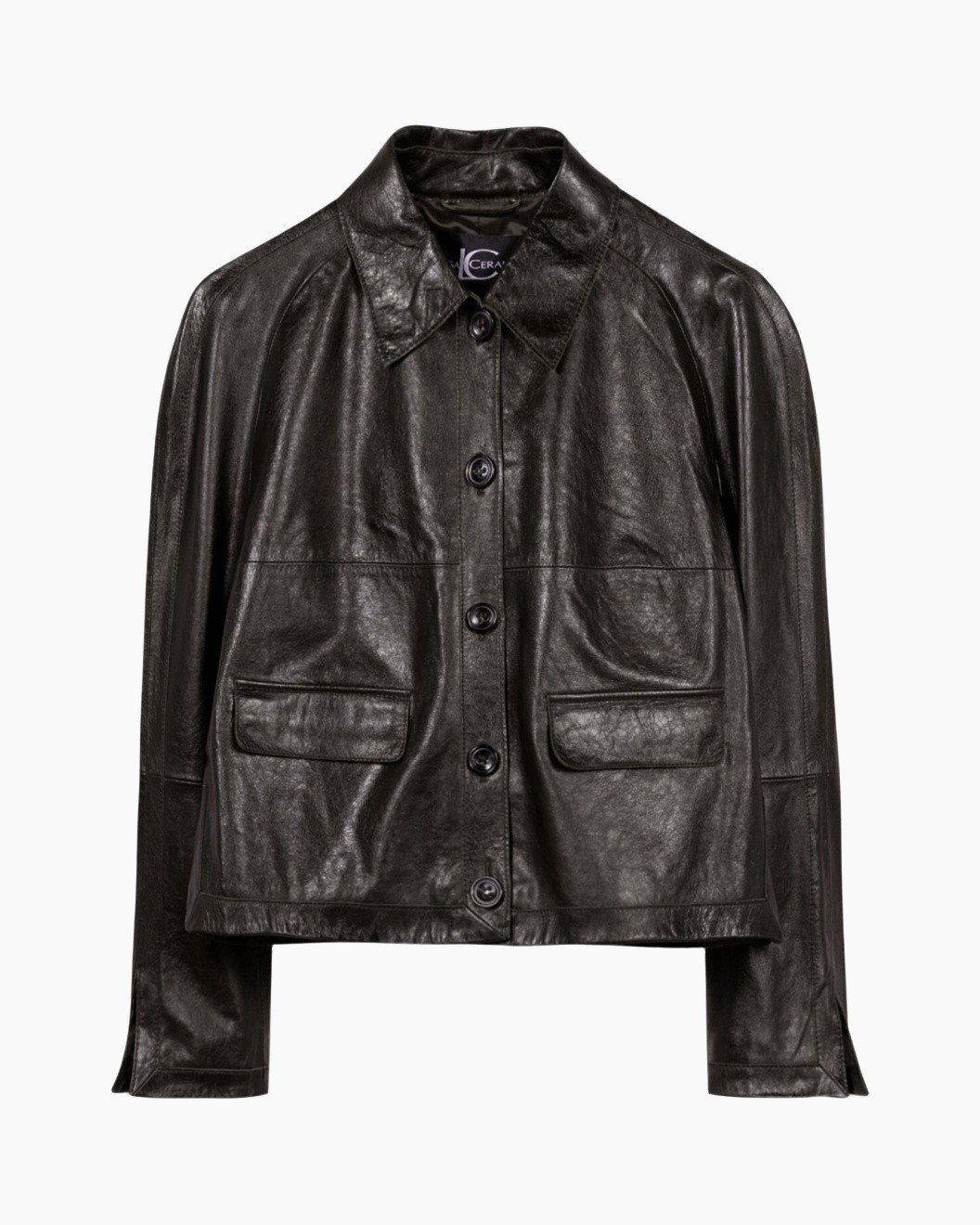 leather jacket, buttoned jacket, front pockets, black, collared