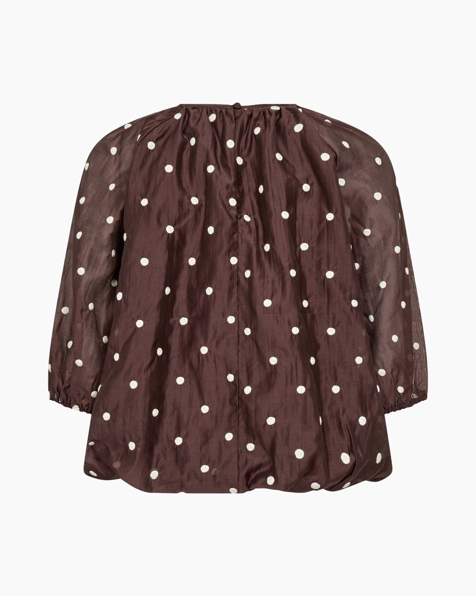 polka dot, blouse, brown, sheer, long sleeves