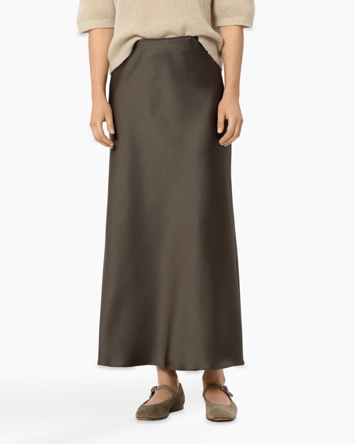 maxi skirt, satiny, solid color, ankle length, slip-on flats