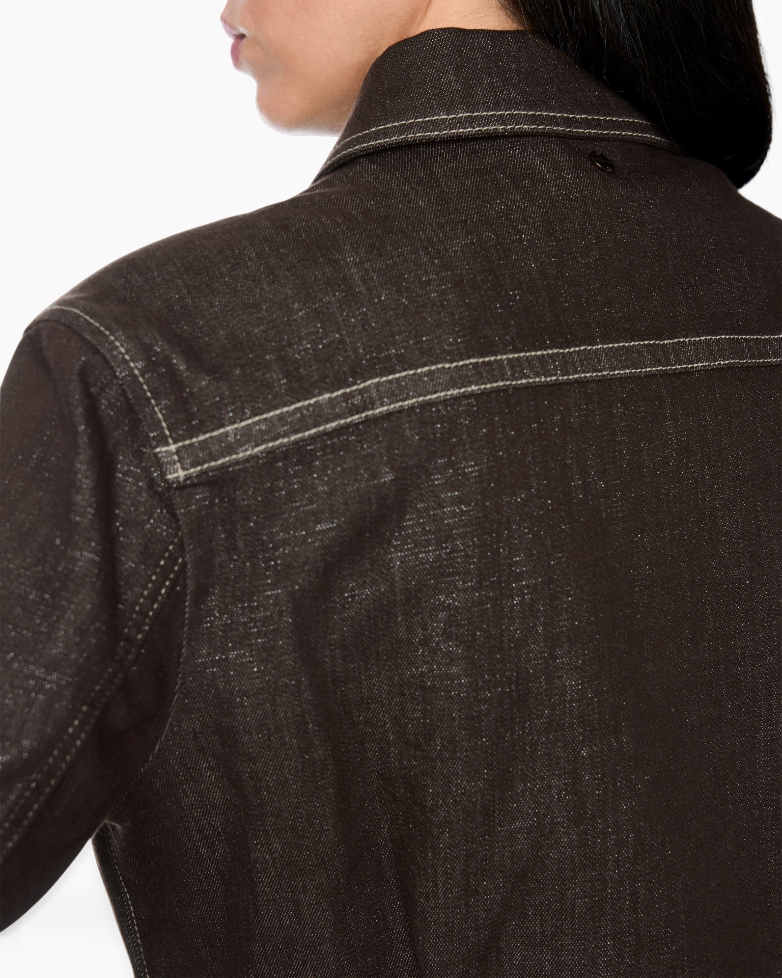 denim jacket, brown, stitching, yoke, back shoulder