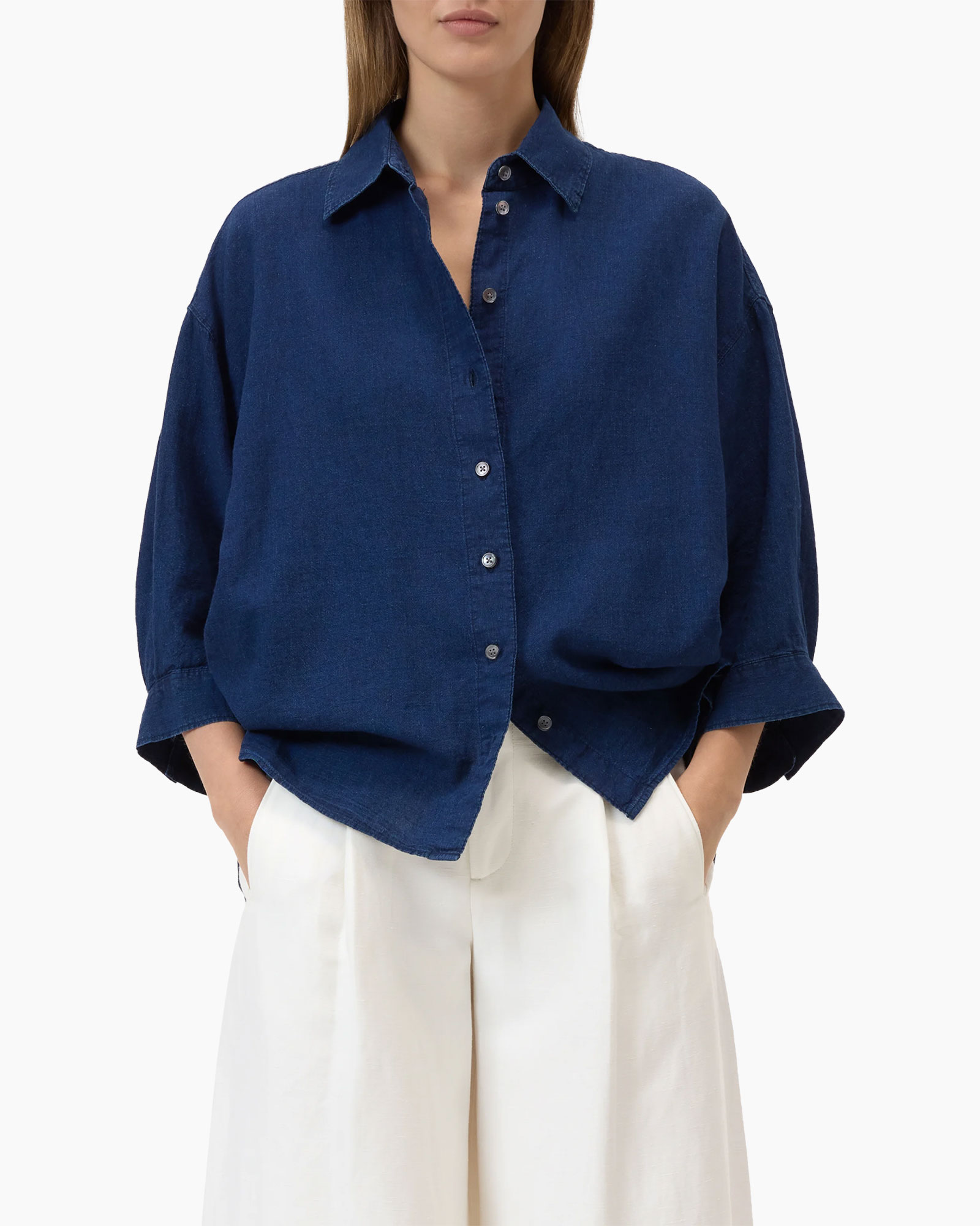 denim shirt, button-up, collared, long-sleeve, loose fit