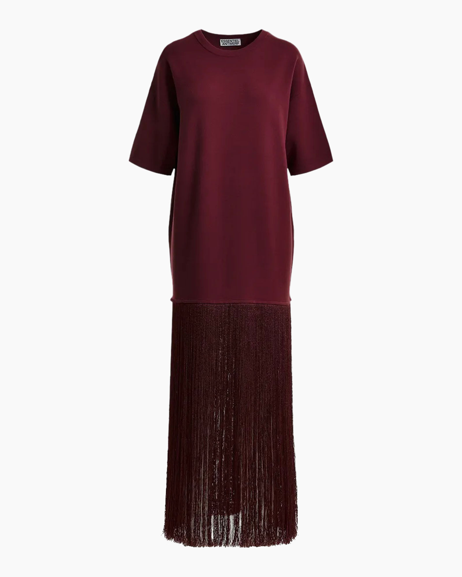 burgundy, sweatshirt dress, fringe, long dress, short sleeves