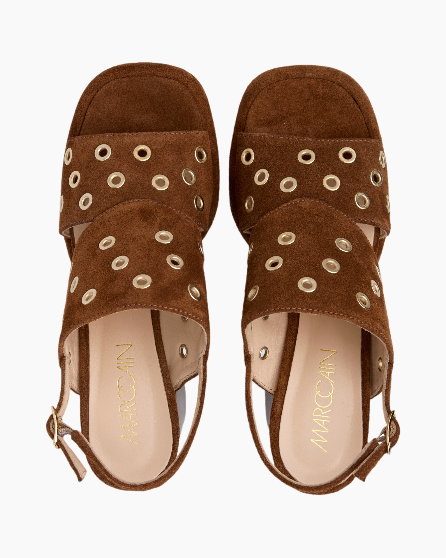 sandal, open-toe, suede, grommet, brown
