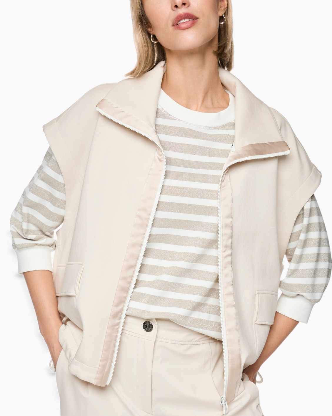 vest, sleeveless vest, zipped outerwear, beige, striped sweater