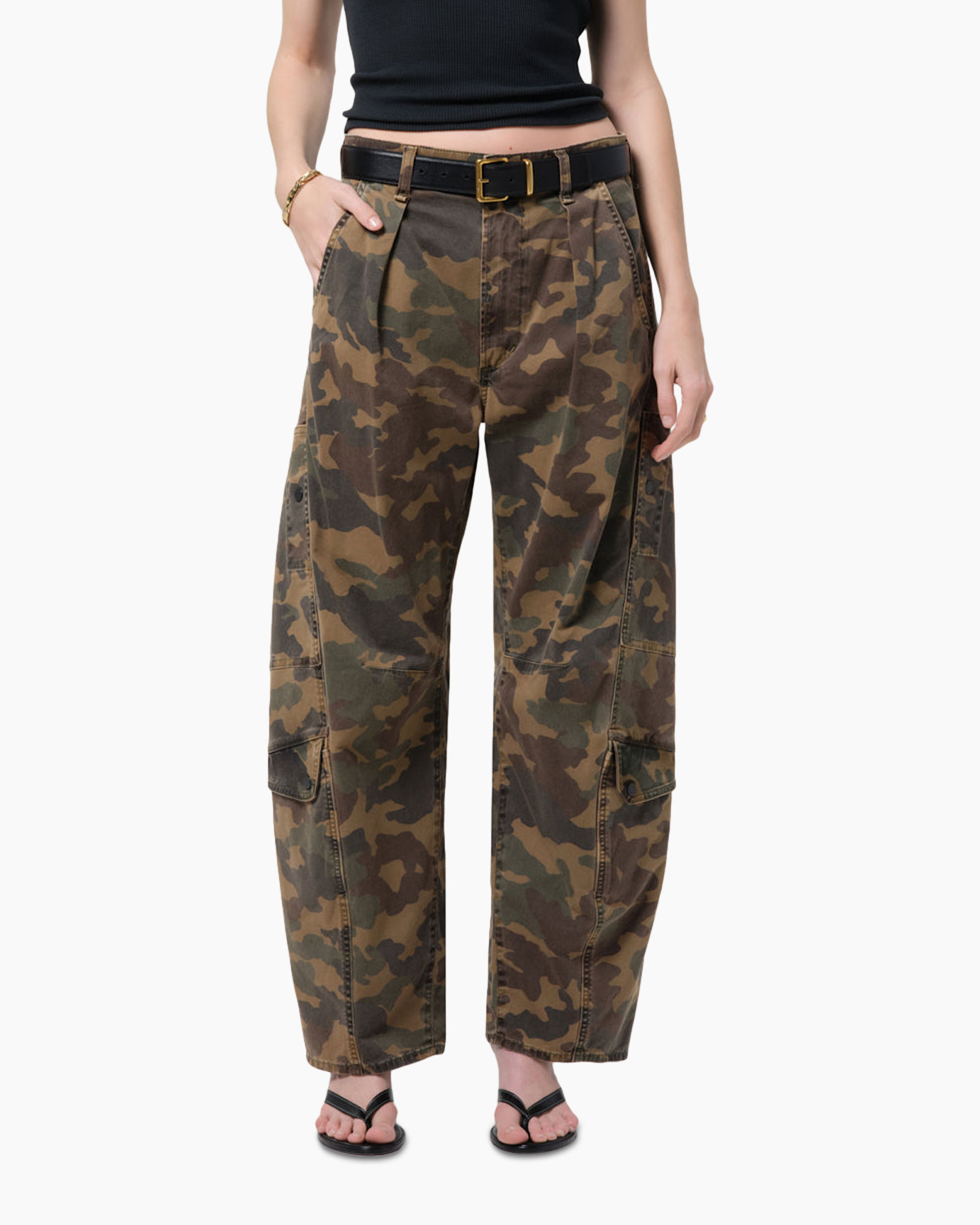 cargo pants, camouflage, tapered, belted, pockets