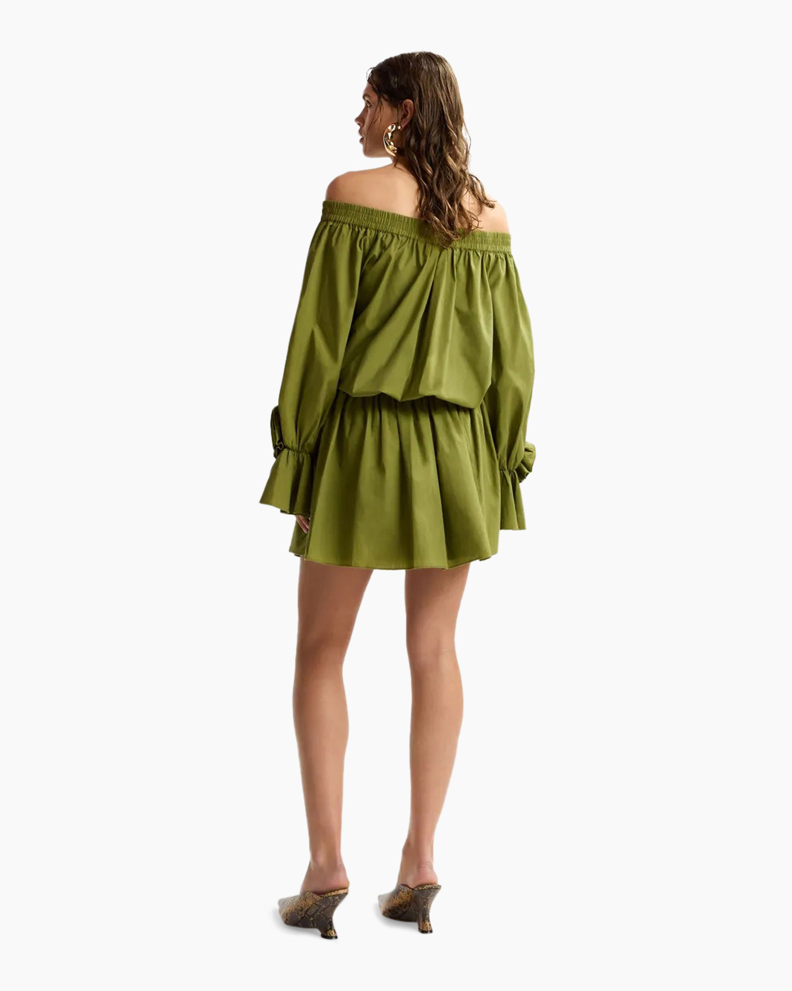 dress, green, mini dress, ruffled sleeve, puff sleeve