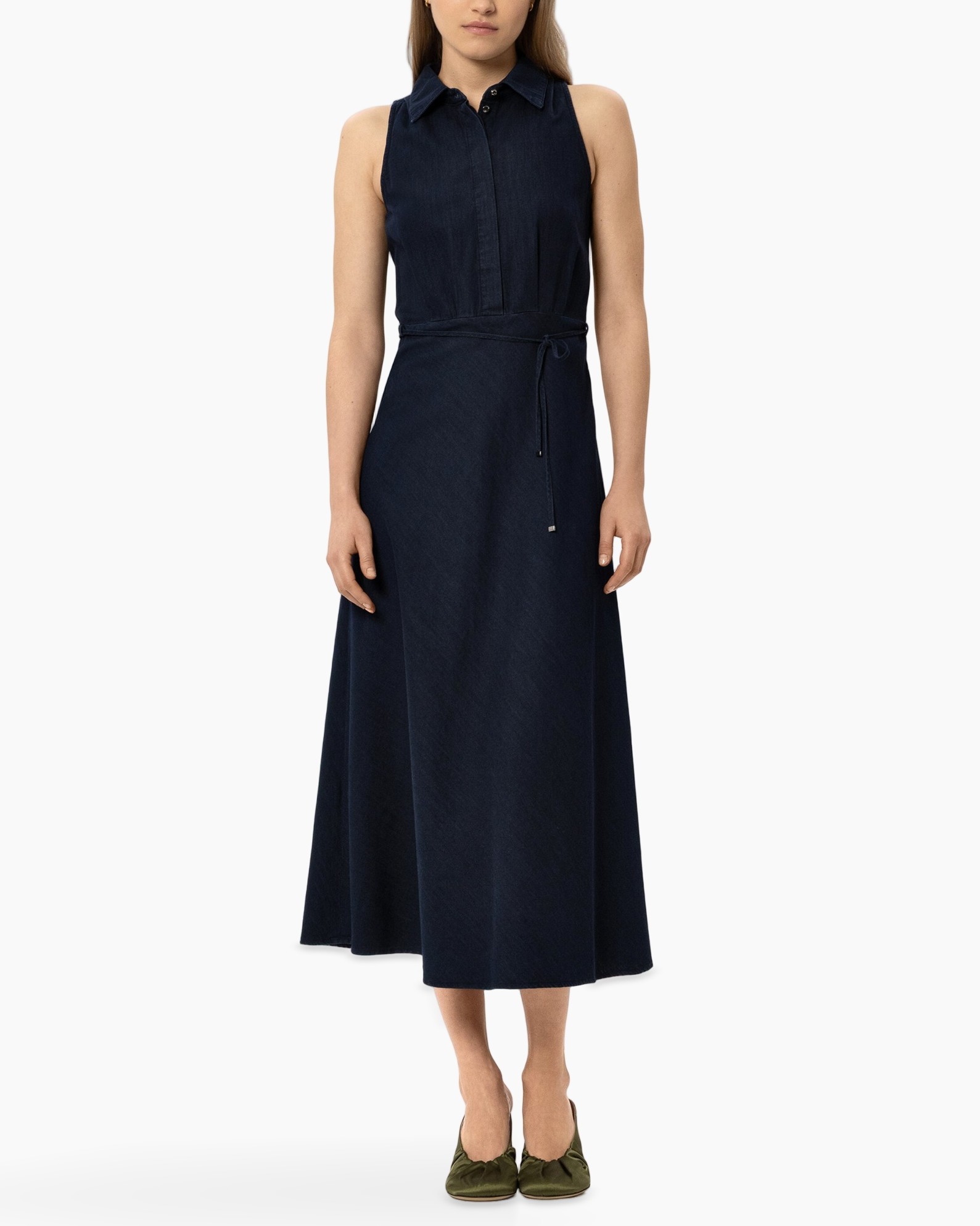 navy dress, sleeveless, collared, wrap belt, midi length