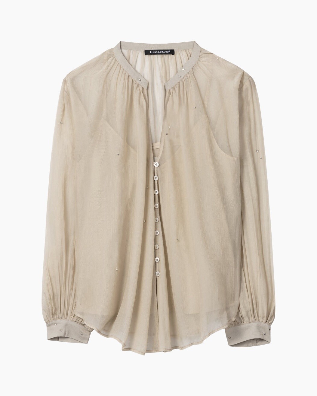 blouse, beige, button-down, longsleeve, sheer