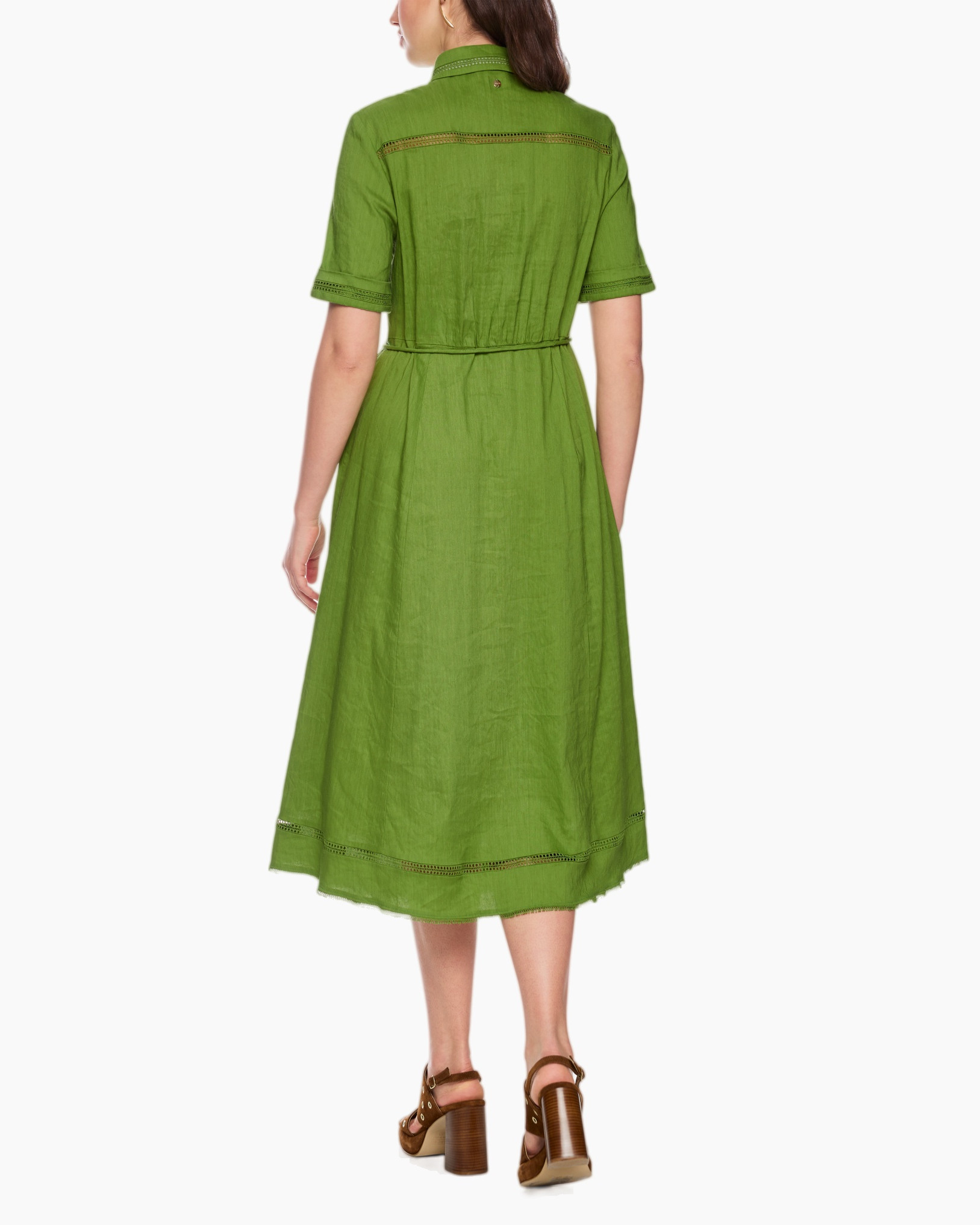 dress, linen, green, mid-length, belted