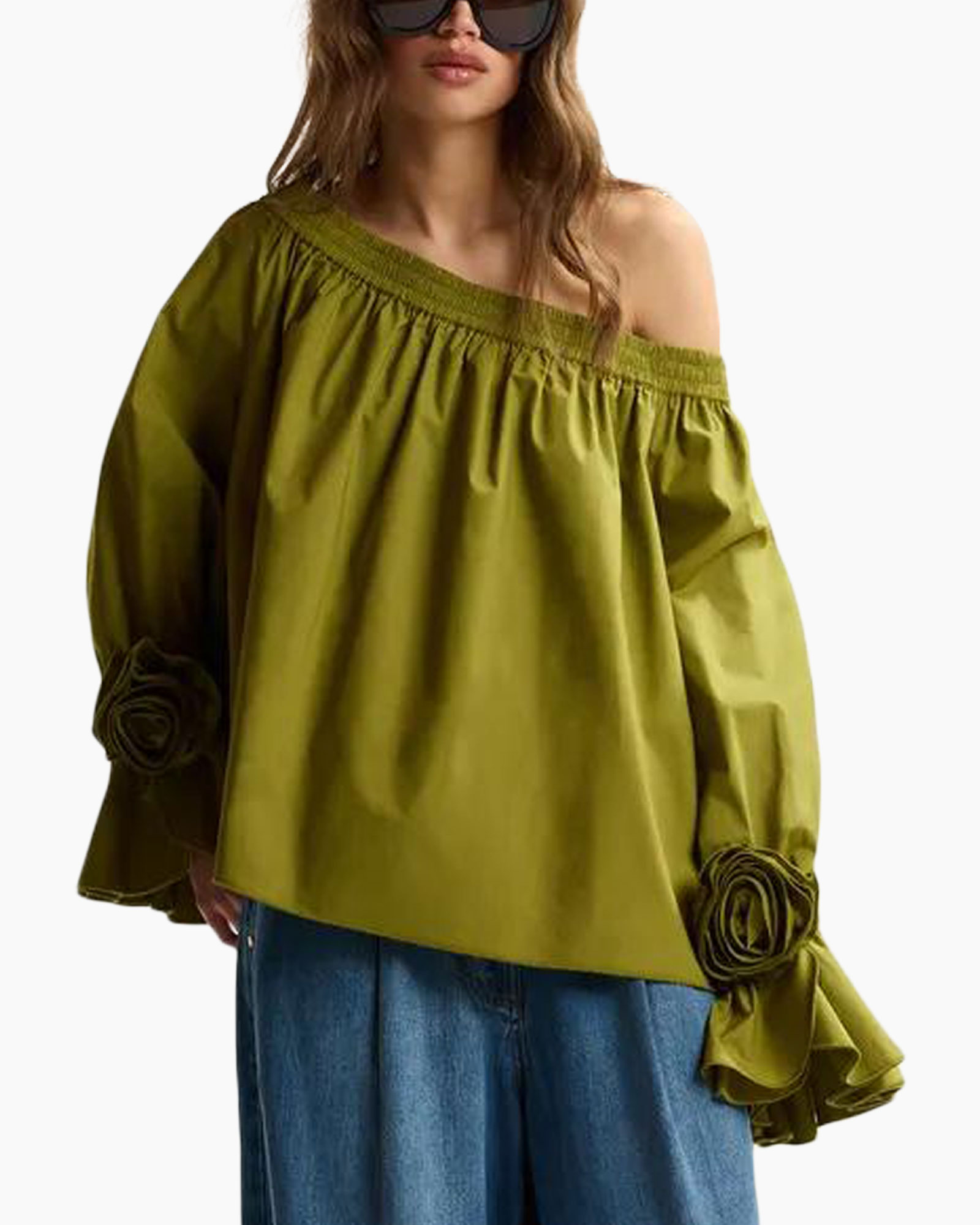 off-shoulder, olive green, blouse, ruffled sleeves, flower accent