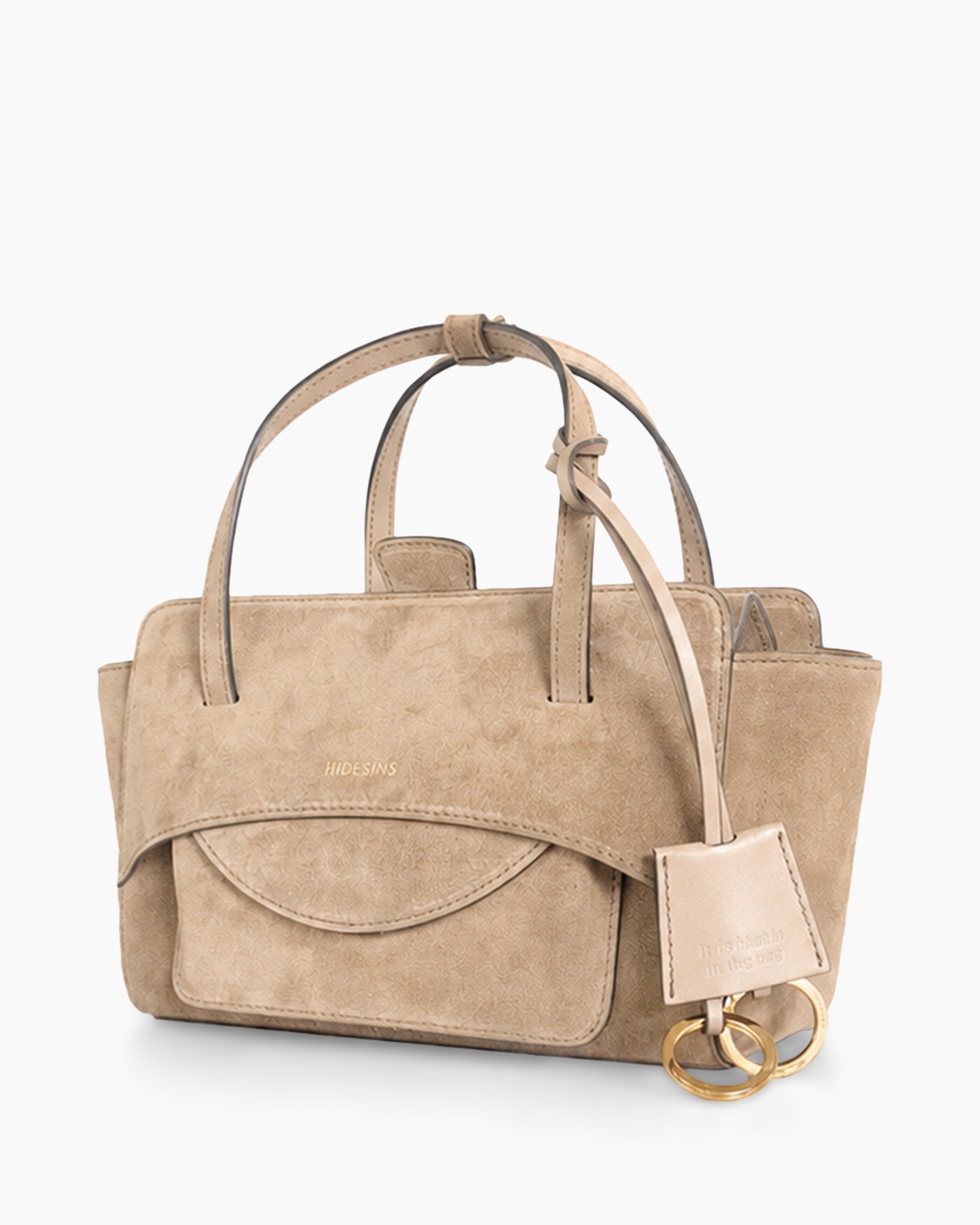 handbag, tote, beige, suede, gold-tone hardware