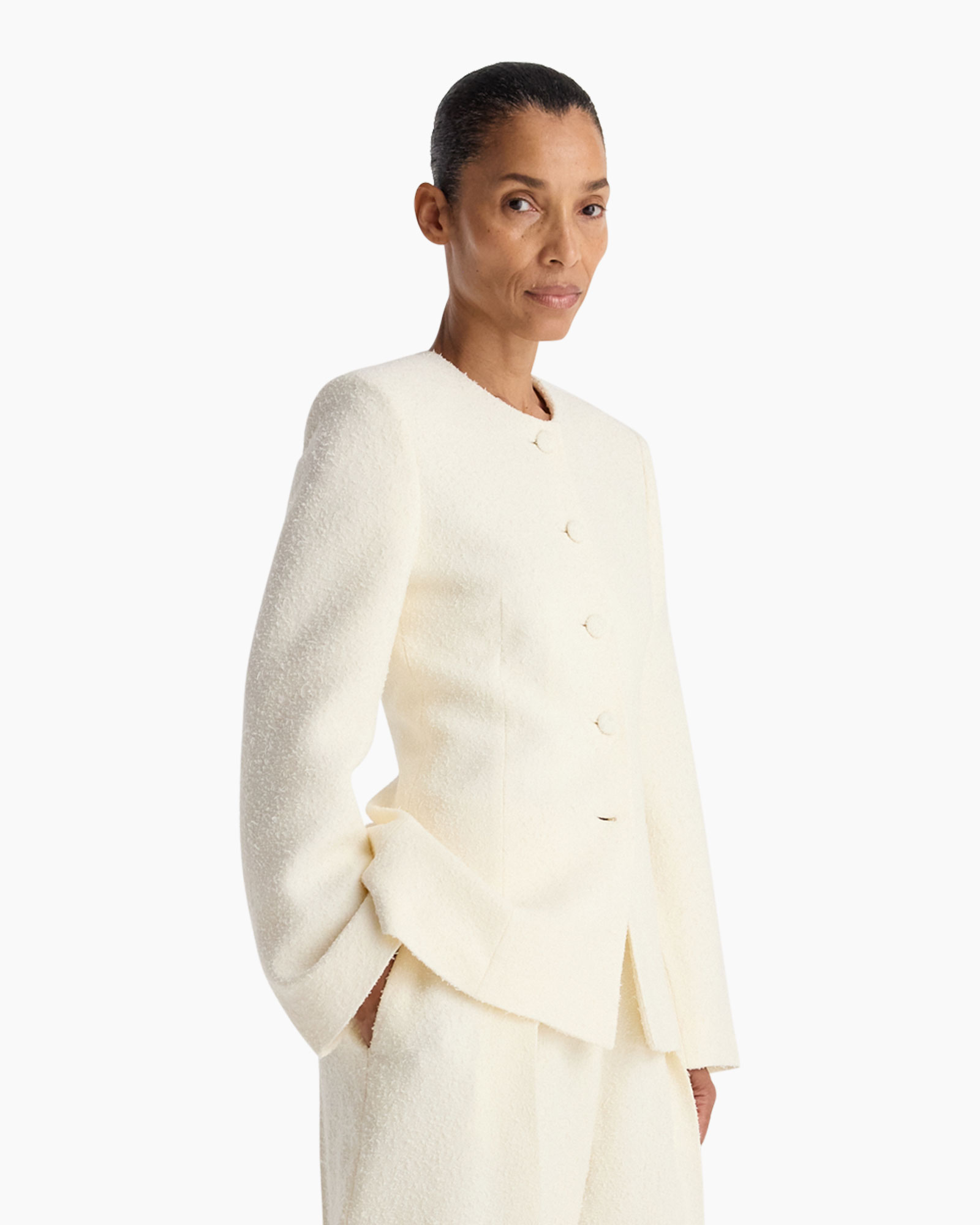 cream,  blazer,  textured,  buttoned,  tailored