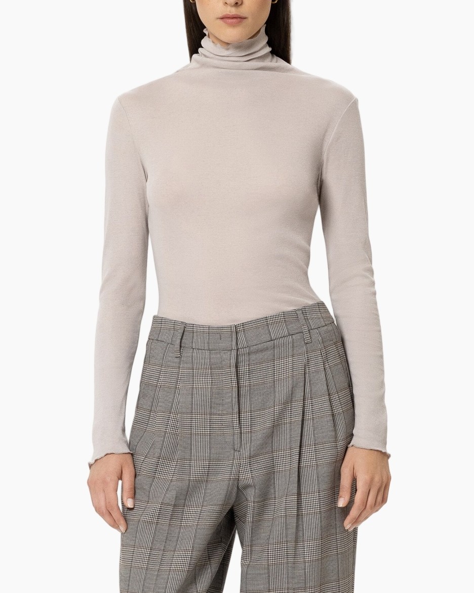 turtleneck, long sleeve, beige, plaid pants, high-waisted
