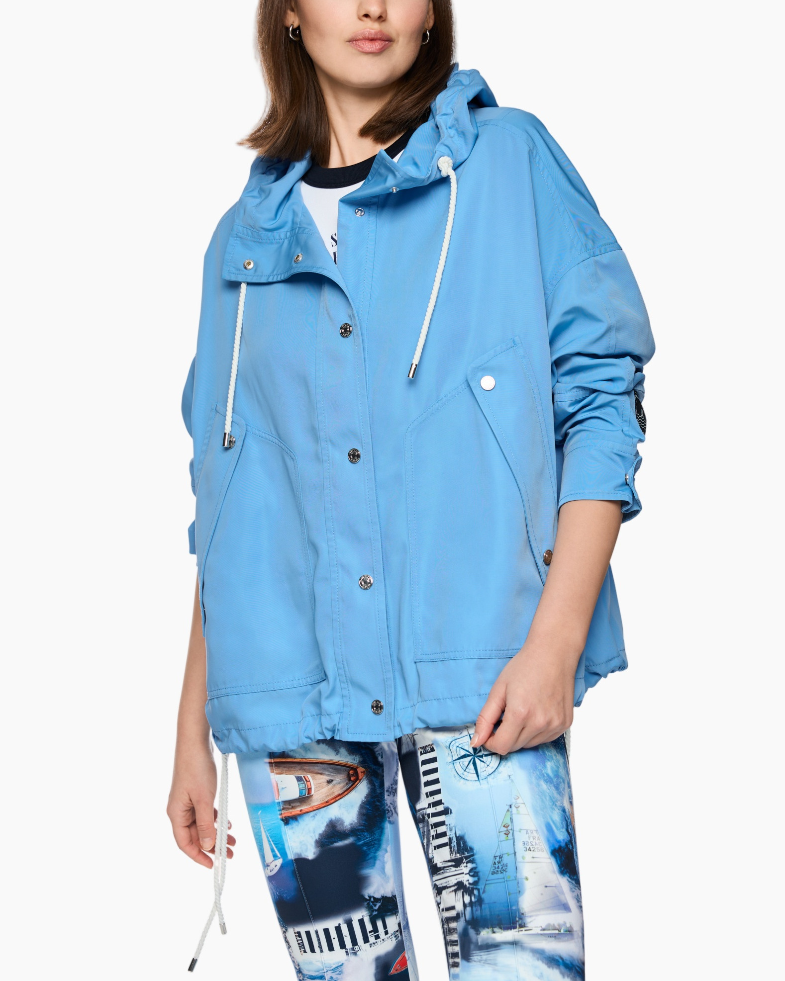 light blue jacket, hooded parka, drawstring hood, front pockets, bang-up weatherproof