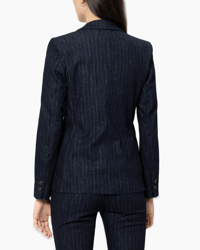 blazer, navy, pinstripe, peaked lapel, belted
