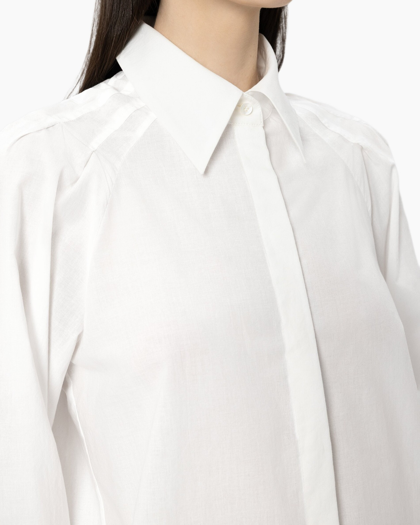 white shirt, collar, button front, puff shoulder, linen texture