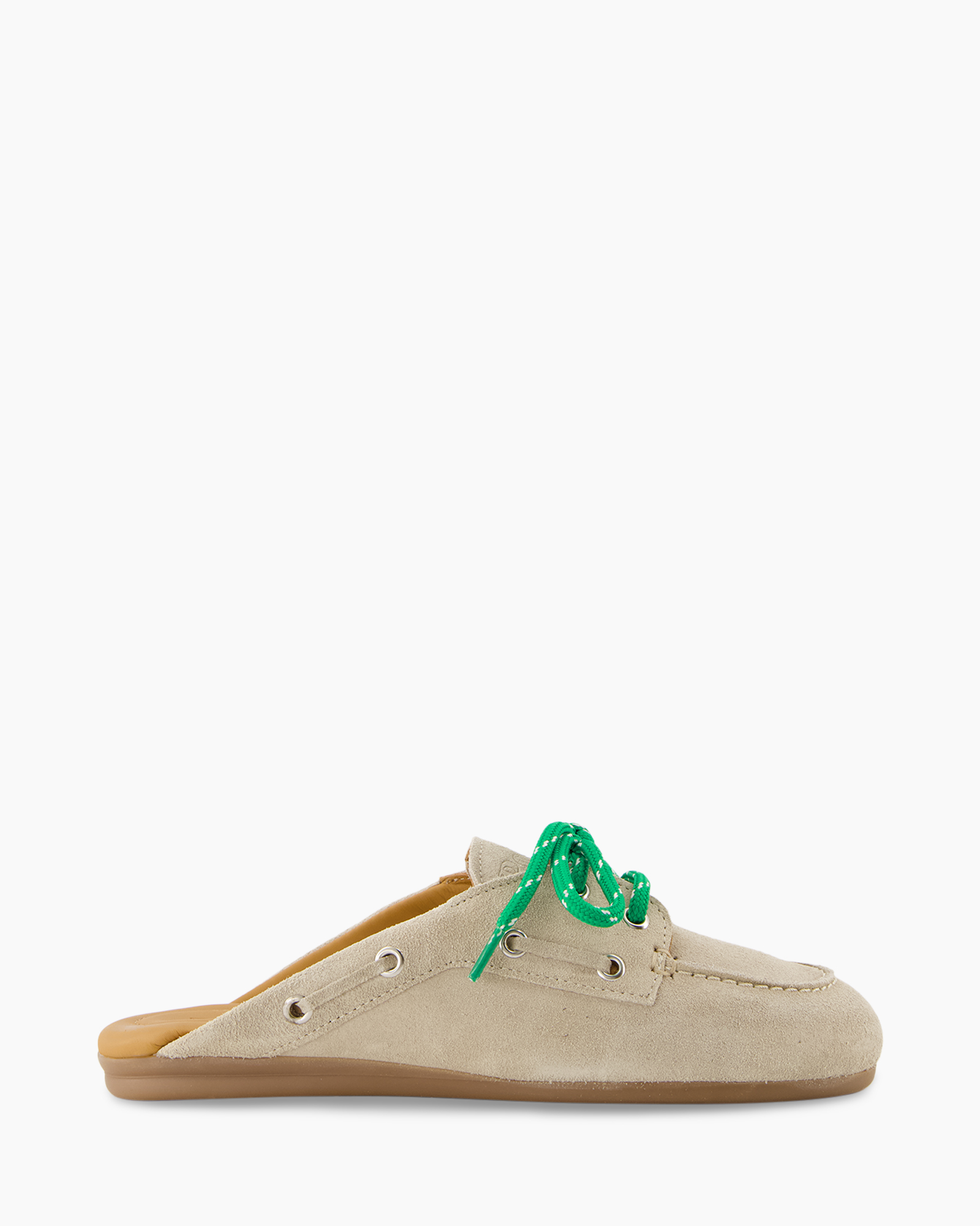 boat shoe, suede, beige, green laces, moccasin style