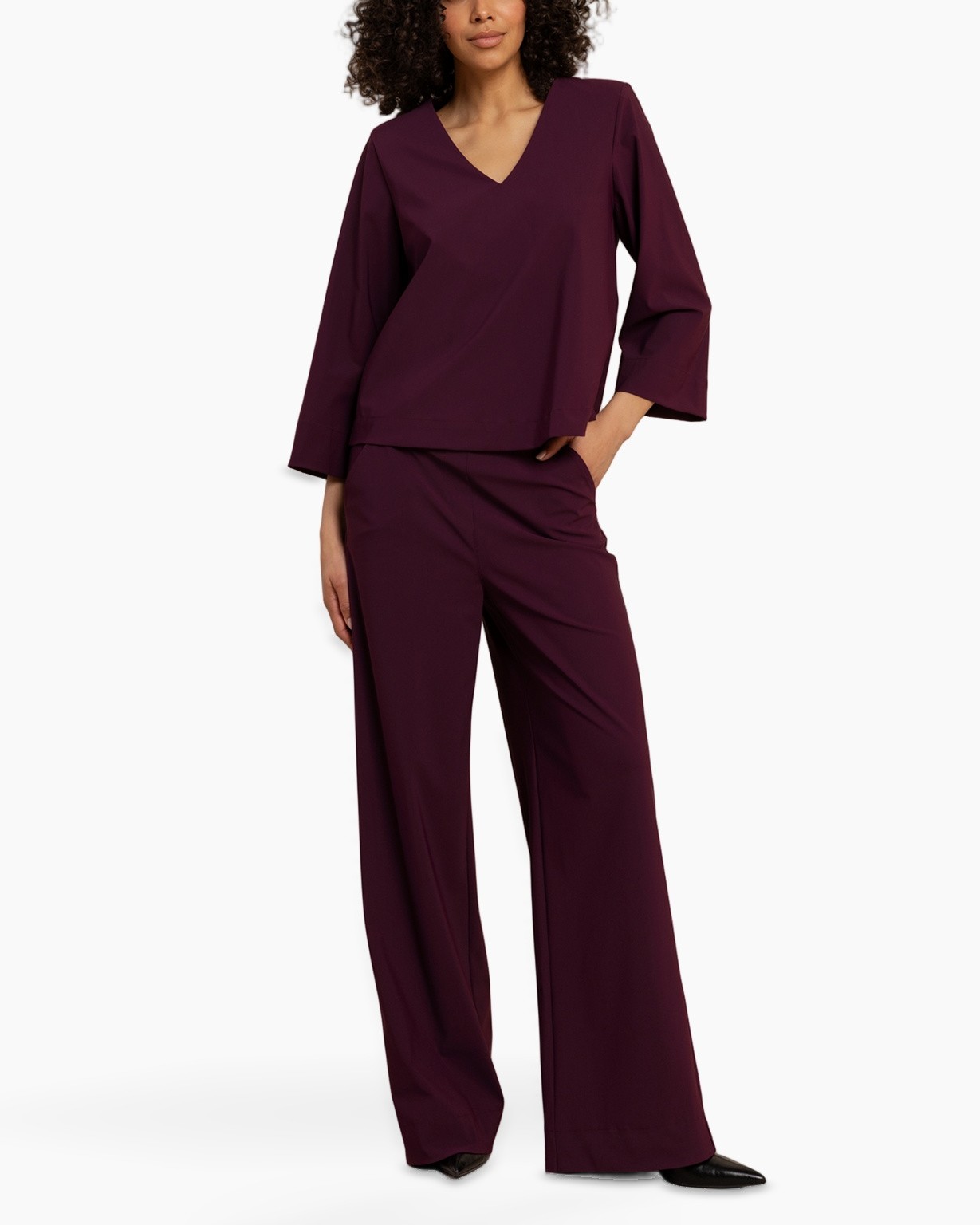 jumpsuit, wide-leg, burgundy, v-neck, long-sleeve