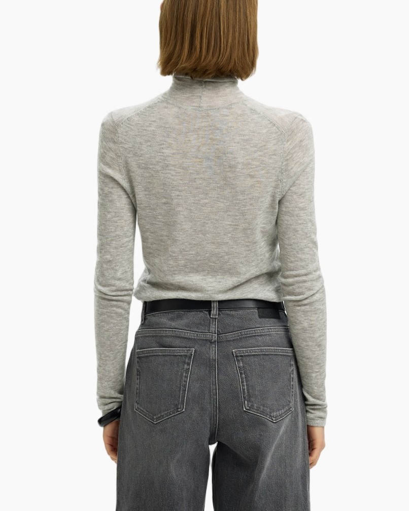 grey turtleneck, long-sleeve knit, light grey, back view, jeans