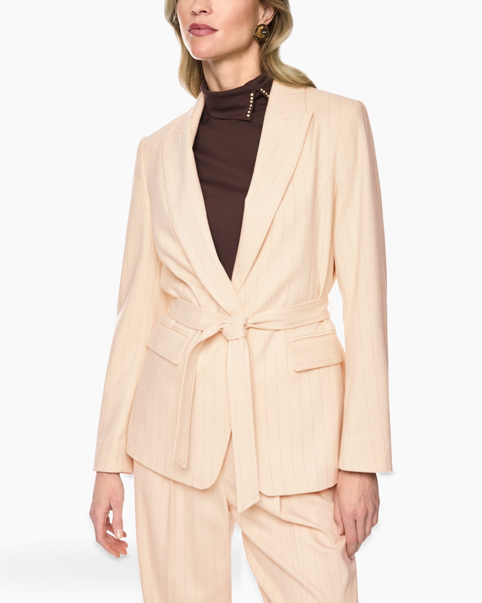 blazer, belted blazer, pinstripe, light pink, suit set