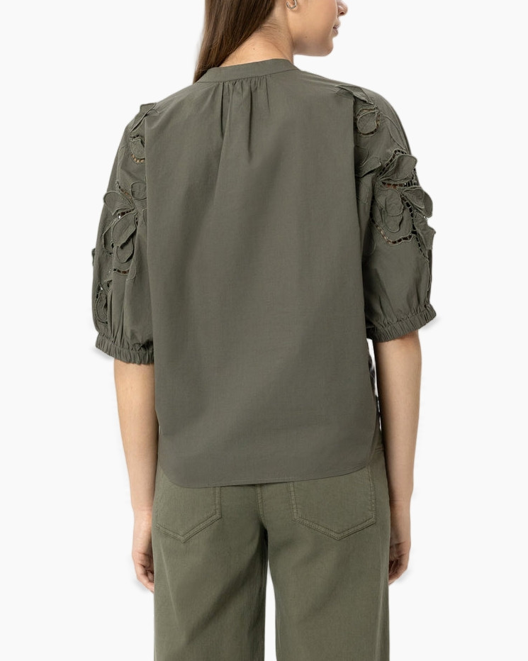blouse, olive green, embroidery, puff sleeve, linen blend