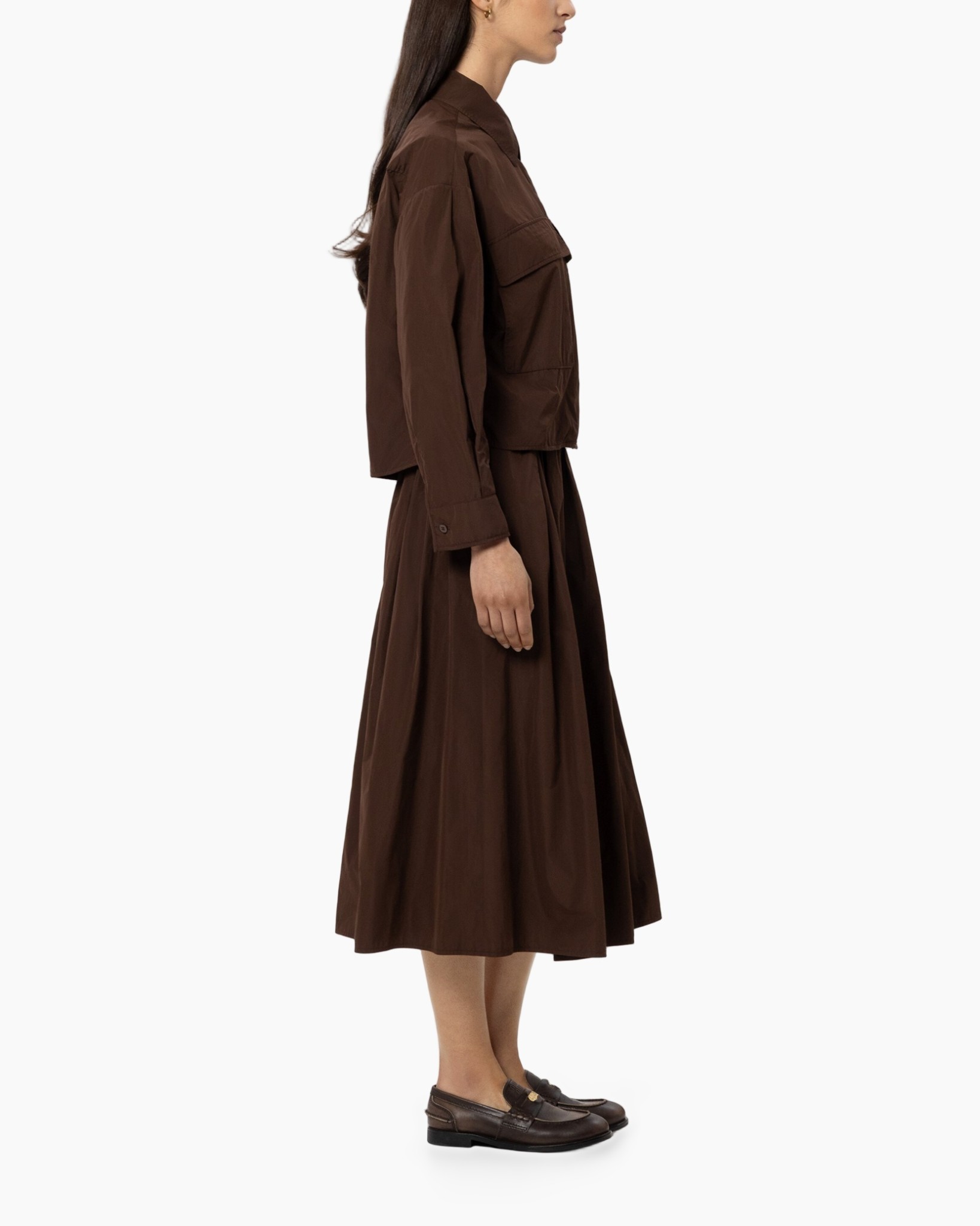 brown, skirt, pleated, mid-length, loafers