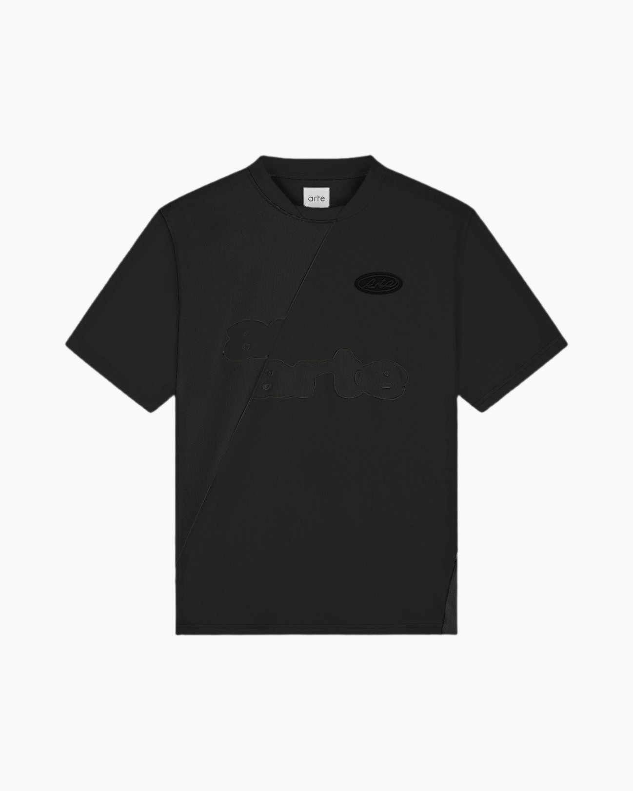 t-shirt, black, short-sleeve, oval logo, diagonal seam