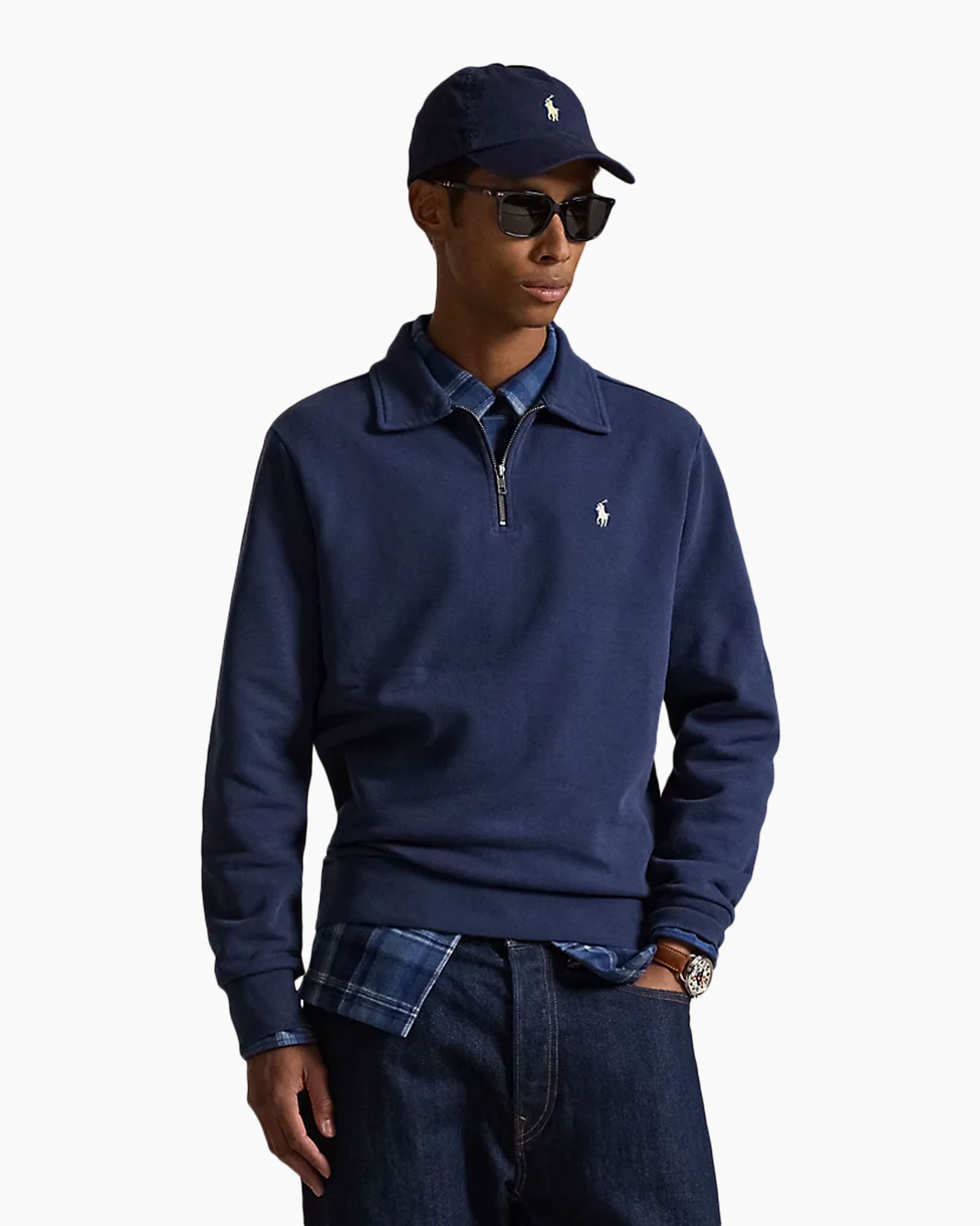 navy, polo, cap, sweatshirt, jeans