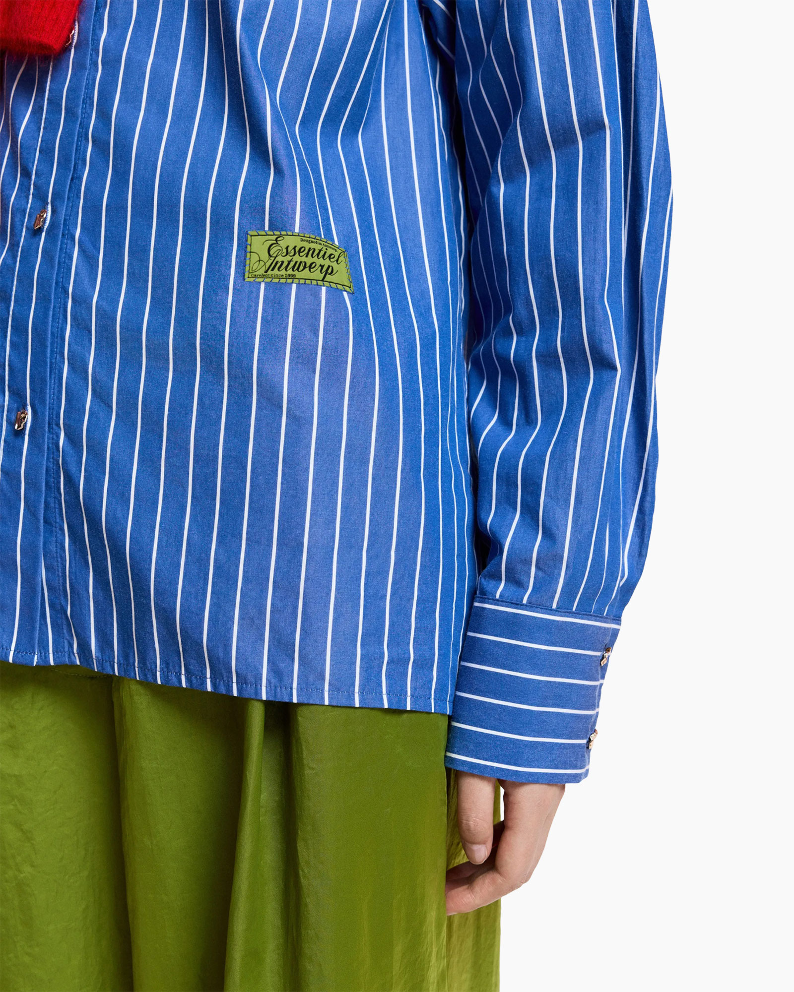 striped shirt, blue shirt, buttoned shirt, long sleeve, patch label