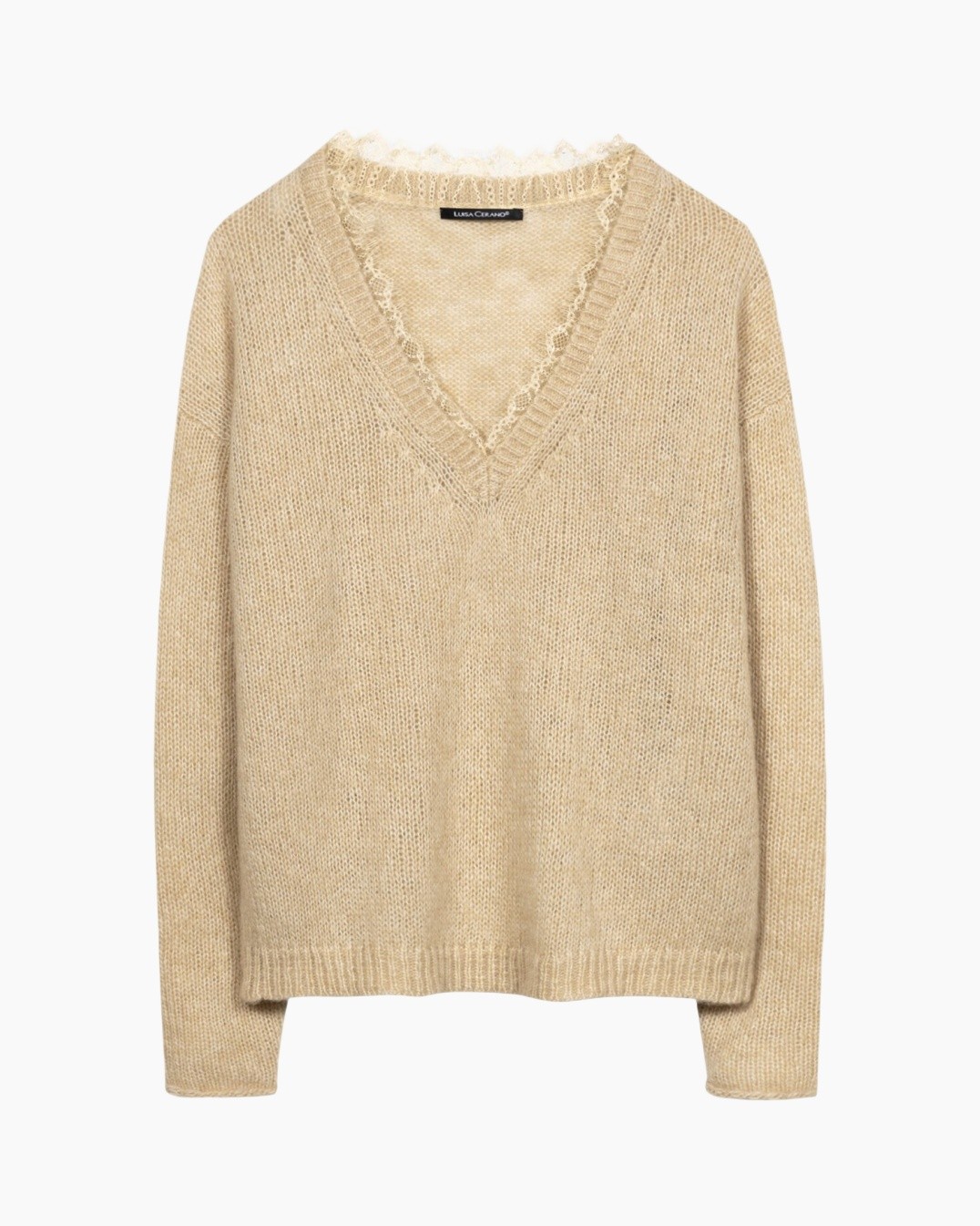 sweater, vneck, knit, beige,  crochet-trim