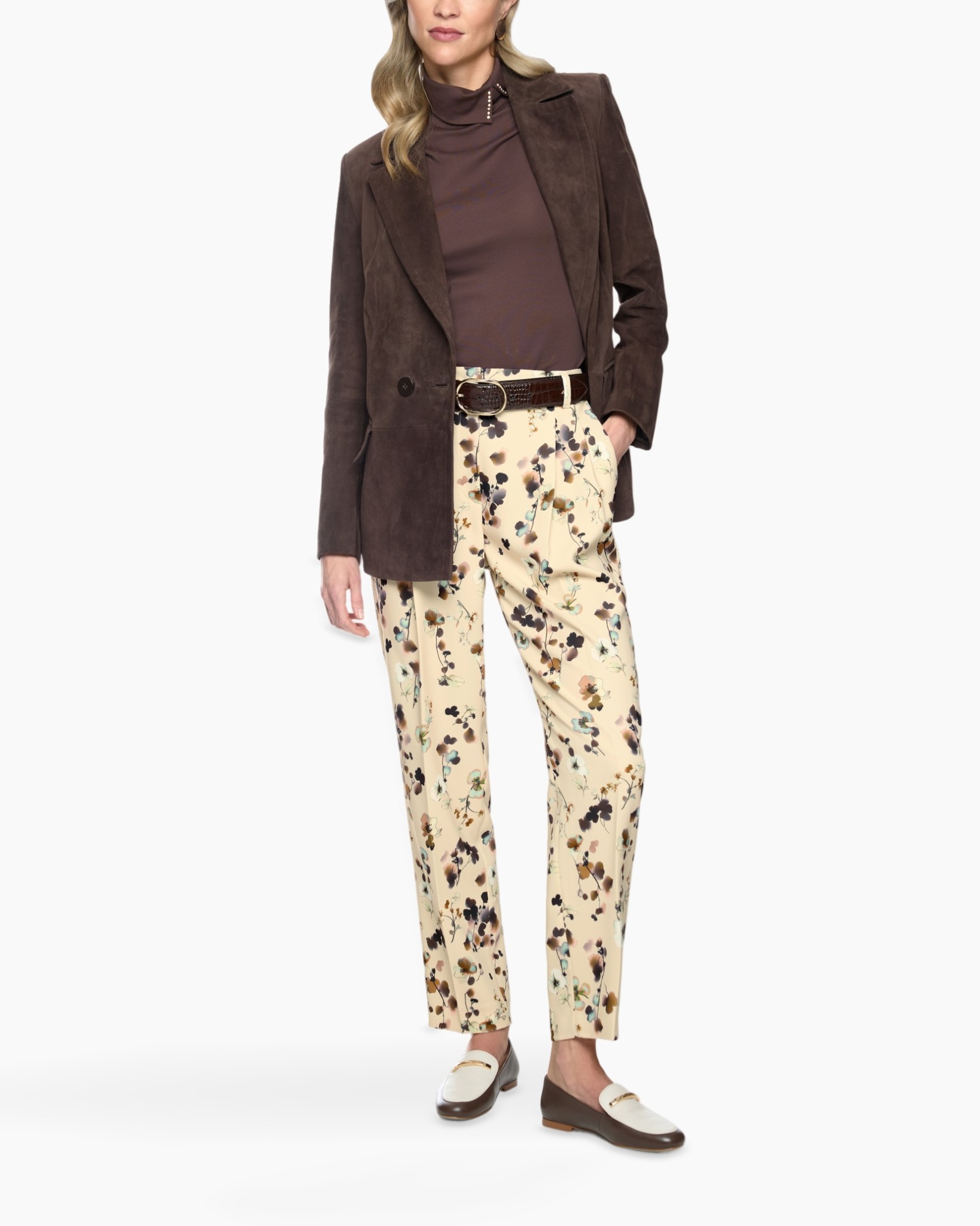 brown blazer, turquoise floral pants, cream pants, loafers, turtleneck top