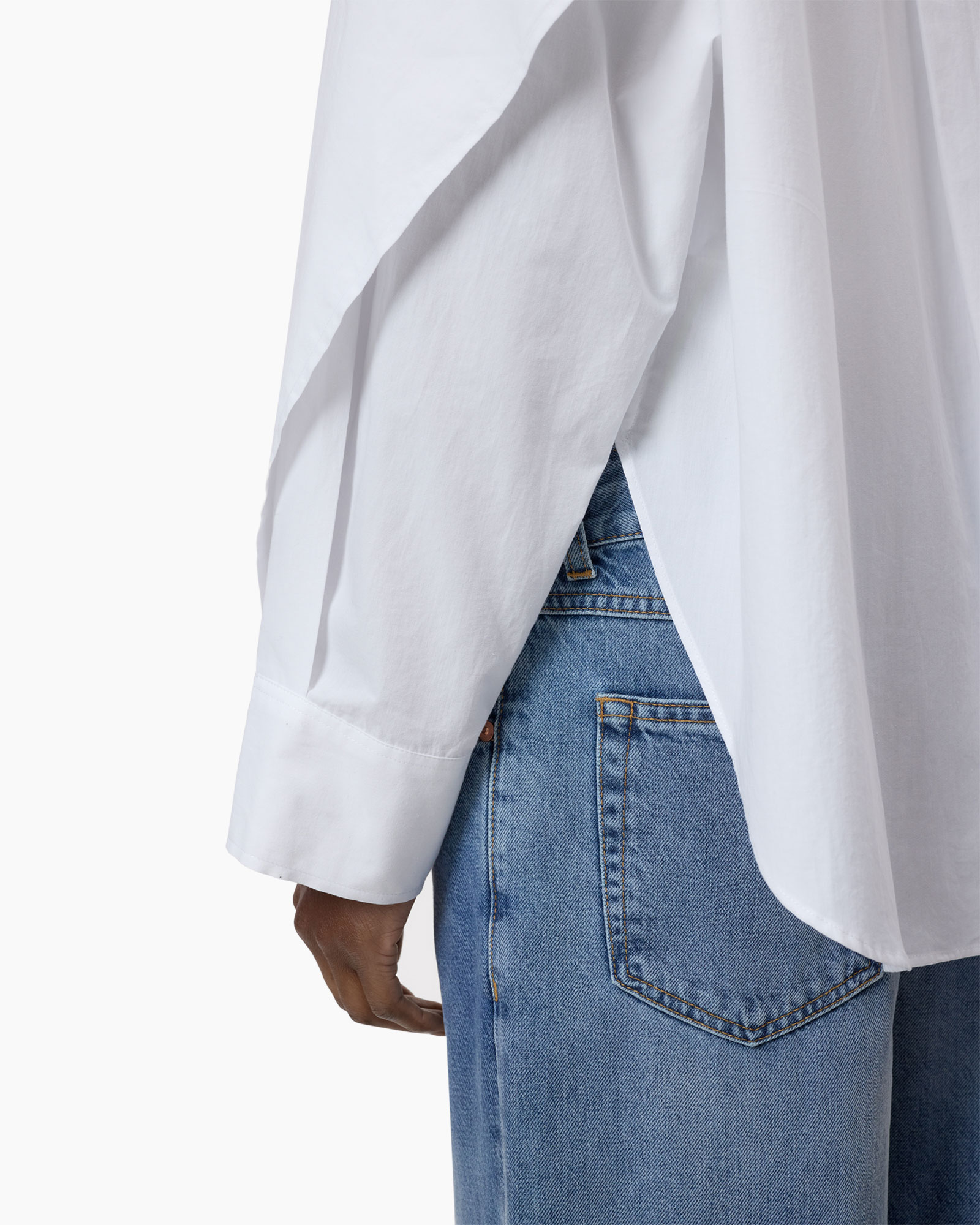 white shirt, long sleeve, cotton, split hem, blue jeans