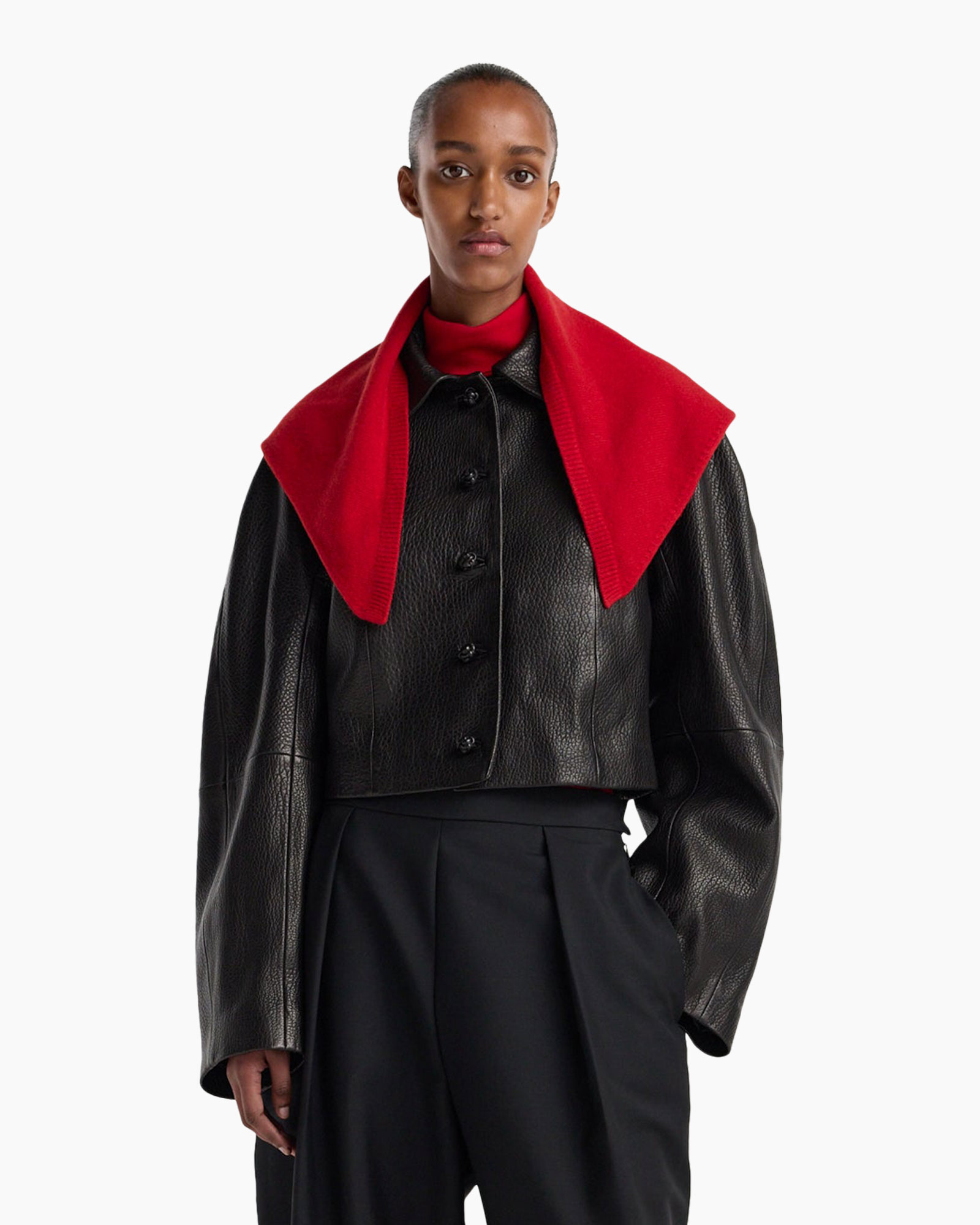 leather jacket, cropped jacket, red scarf, black trousers, high fashion