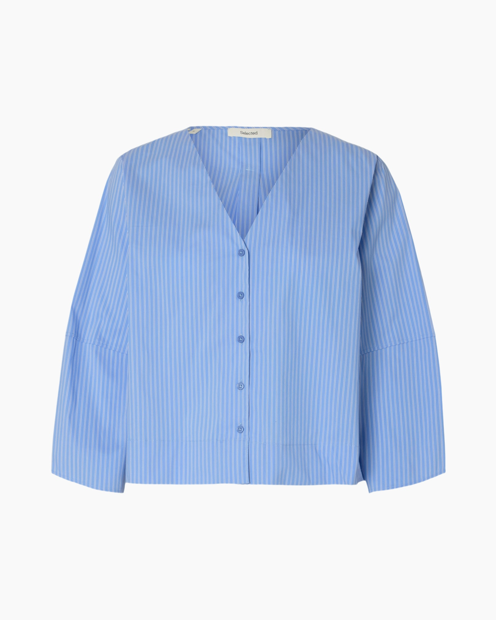 blouse, striped, blue, buttoned, v-neck