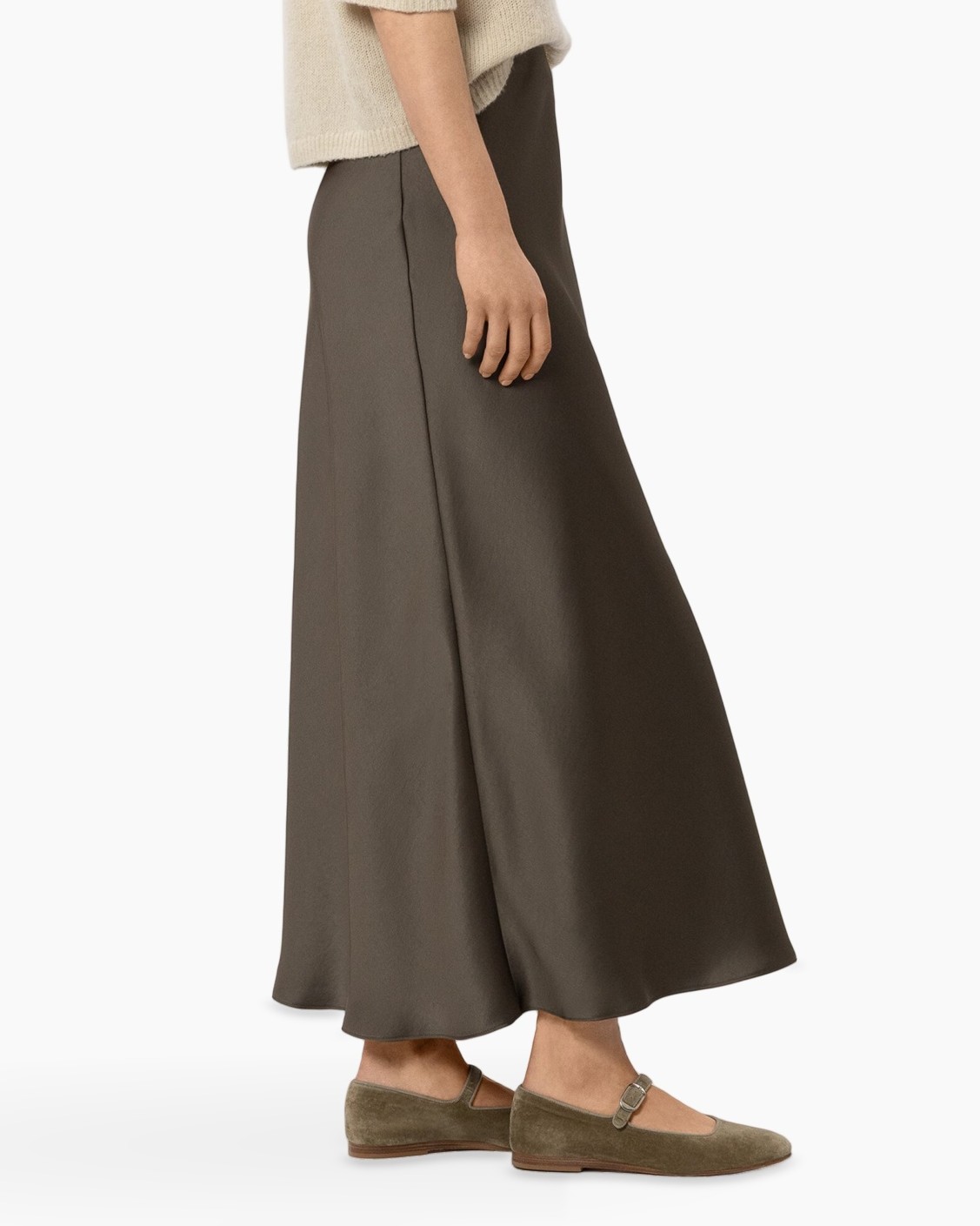 skirt,  A-line skirt, maxi skirt, olive brown, slip-on flats