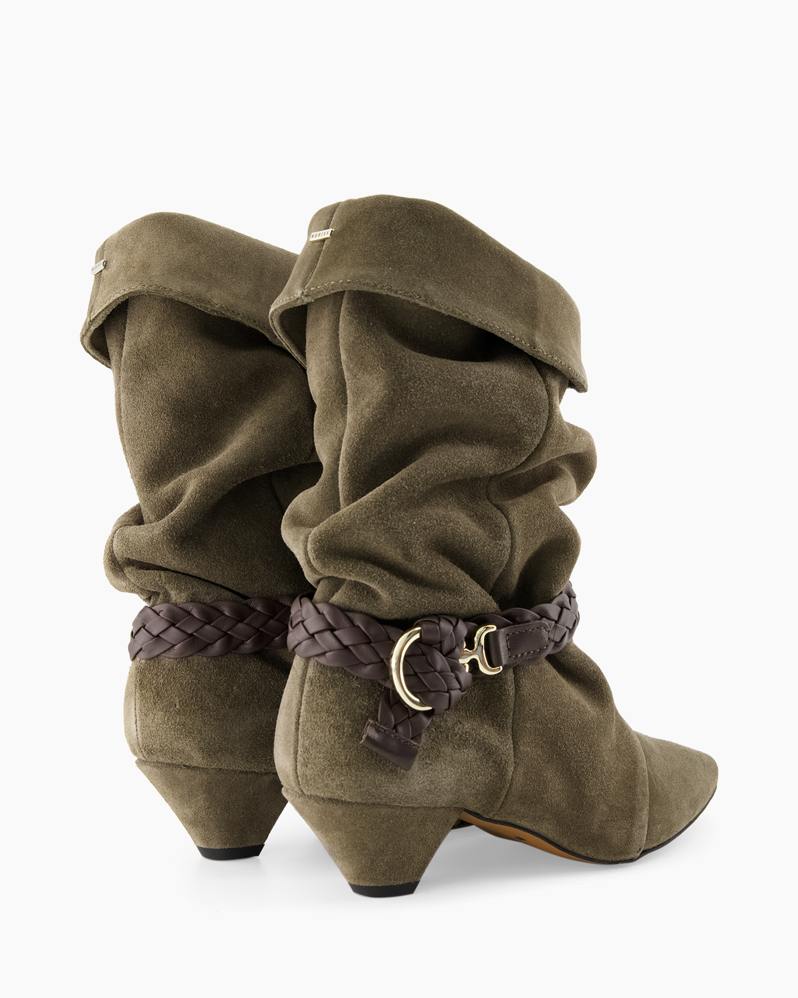 ankle boots, suede, olive green, braided belt, mid heel