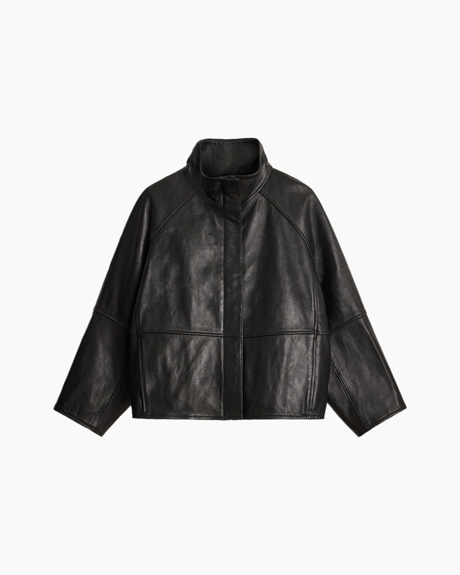 leather jacket, black, biker style, collarless high neck,  oversized fit