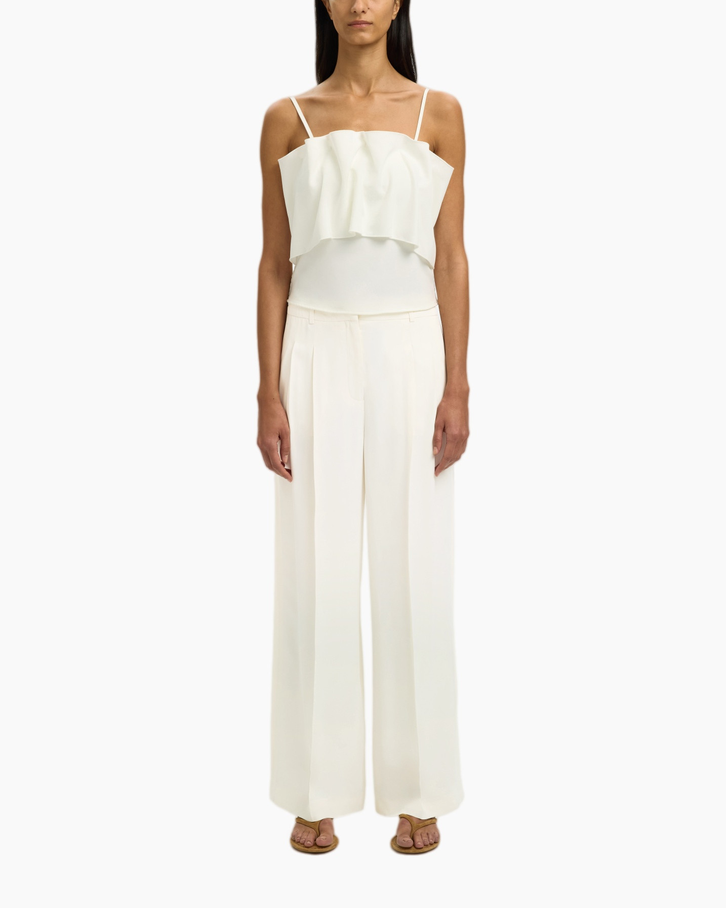white, jumpsuit, wide-leg, ruffled-top, strap-top