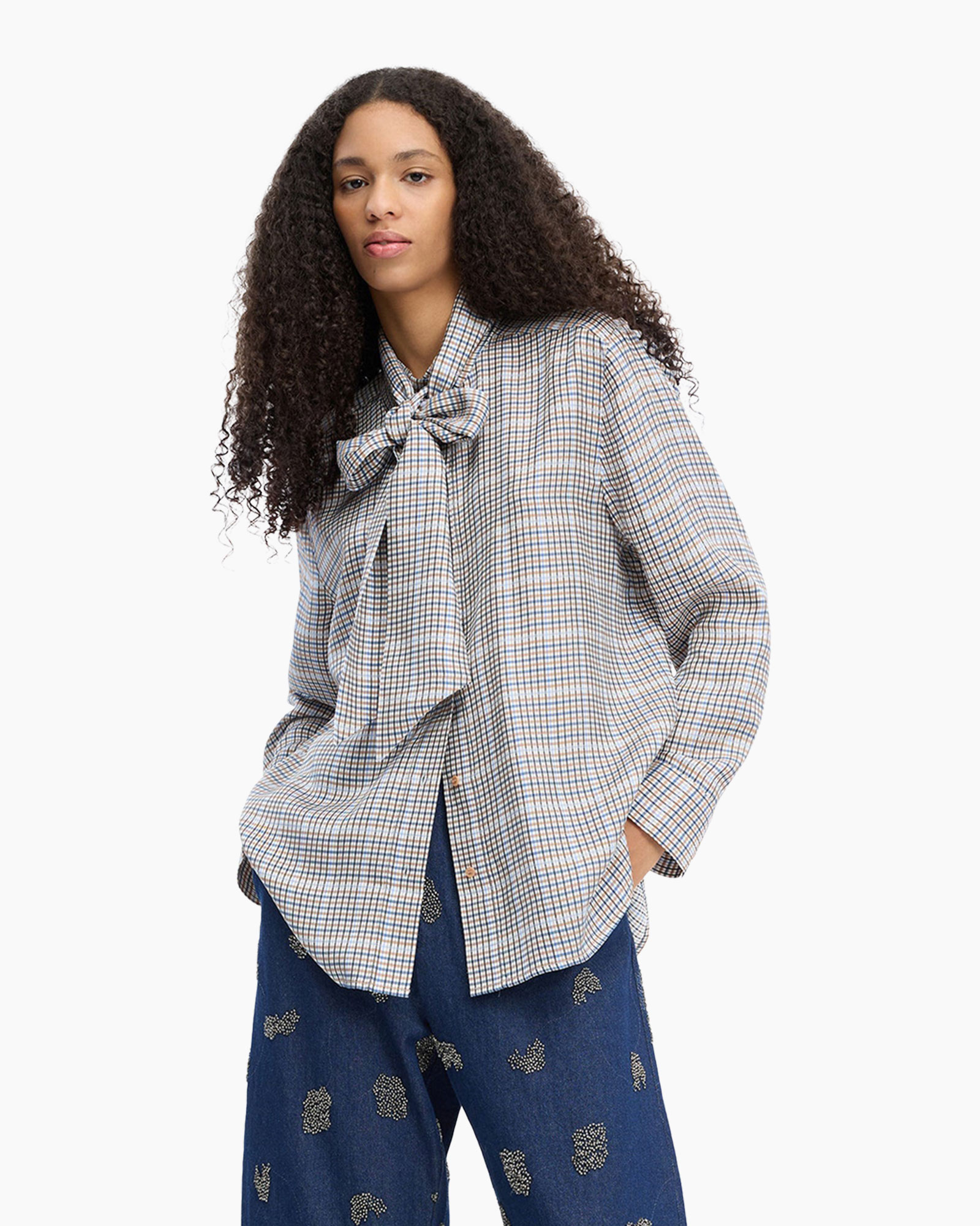 plaid, button-down, bow-tie, long-sleeve, top